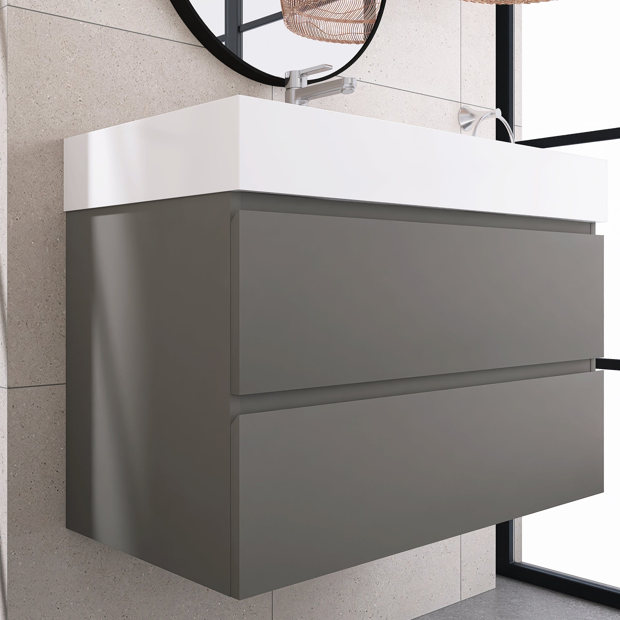 Wood Wall-Mounted Bathroom Vanity Set with Integrated Solid Surface Sink