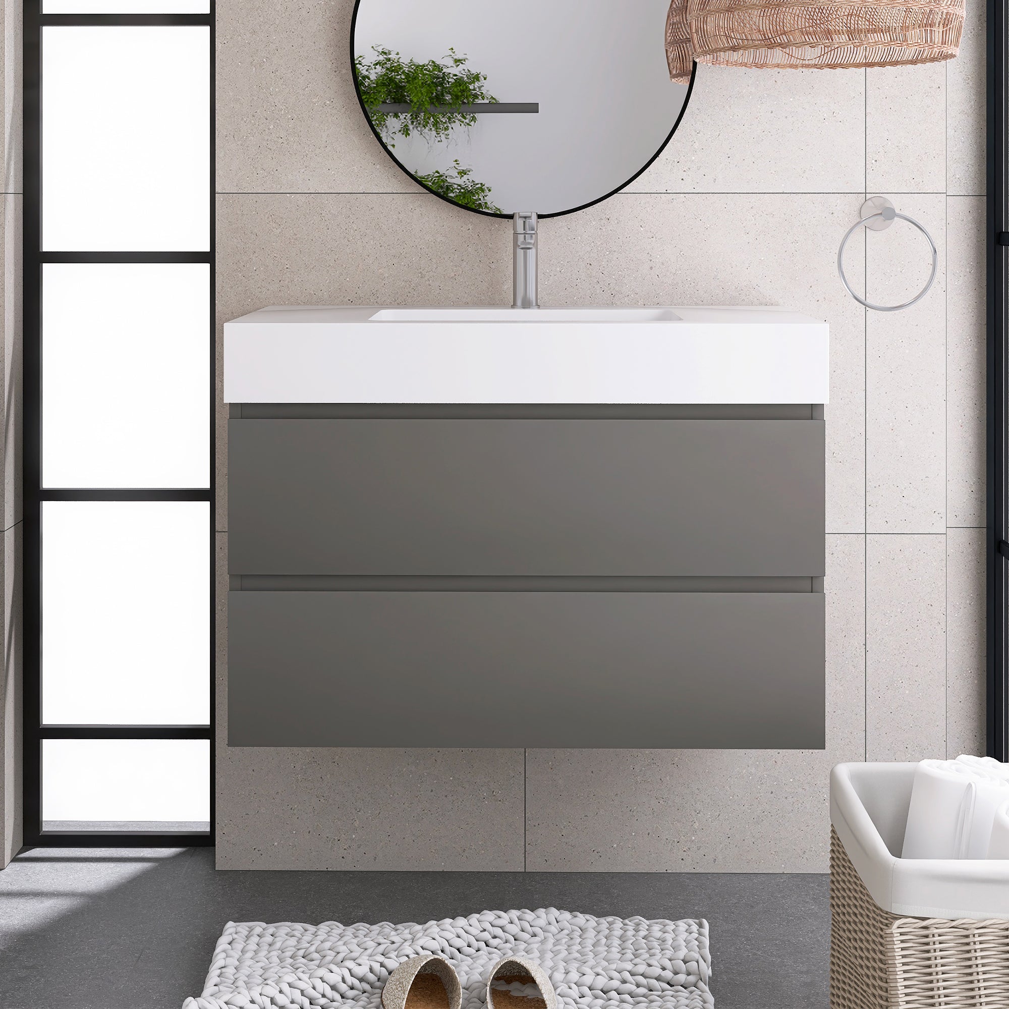 Wood Wall-Mounted Bathroom Vanity Set with Integrated Solid Surface Sink