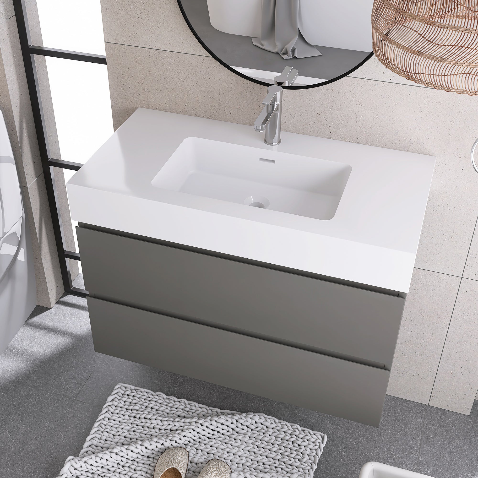 Wood Wall-Mounted Bathroom Vanity Set with Integrated Solid Surface Sink