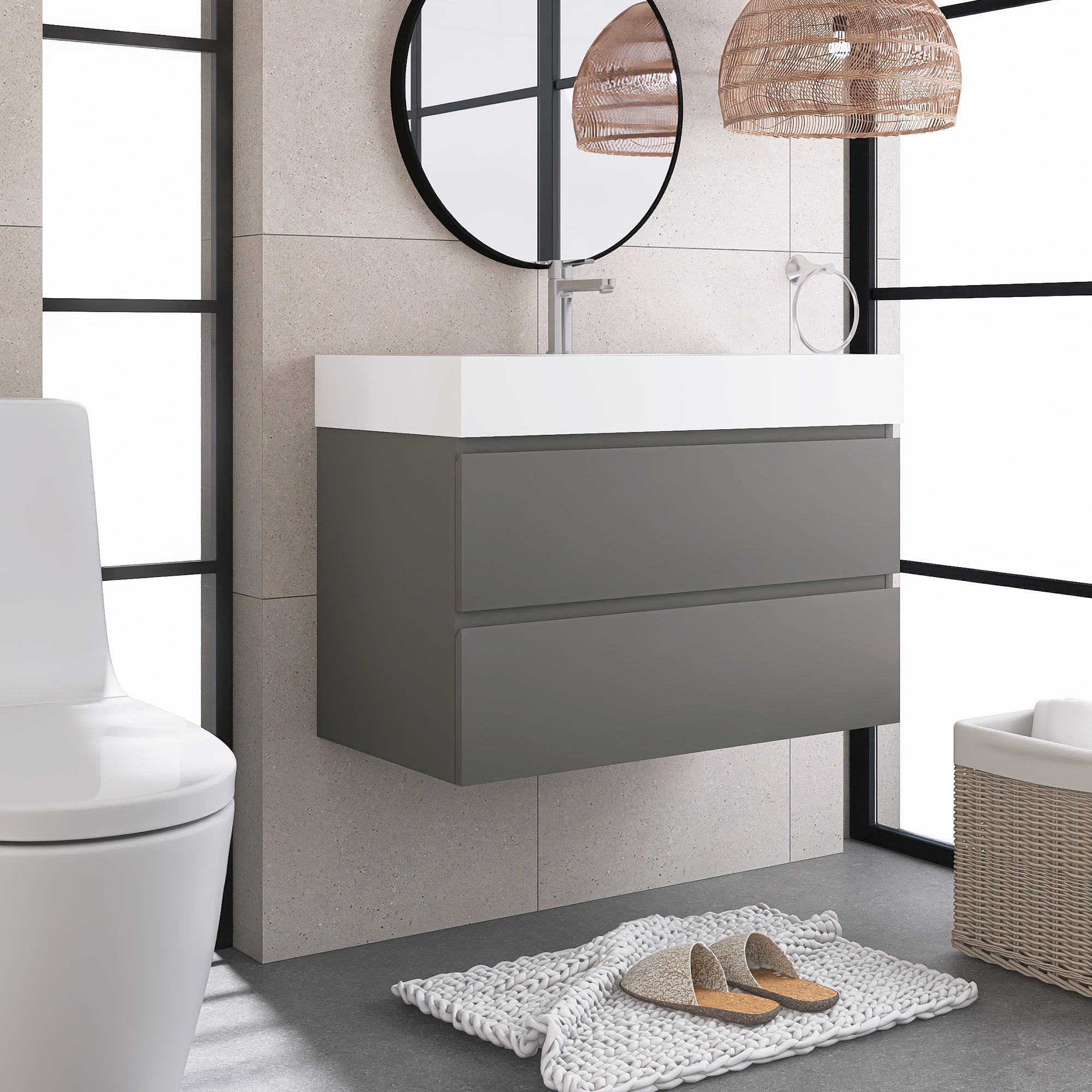 Wood Wall-Mounted Bathroom Vanity Set with Integrated Solid Surface Sink