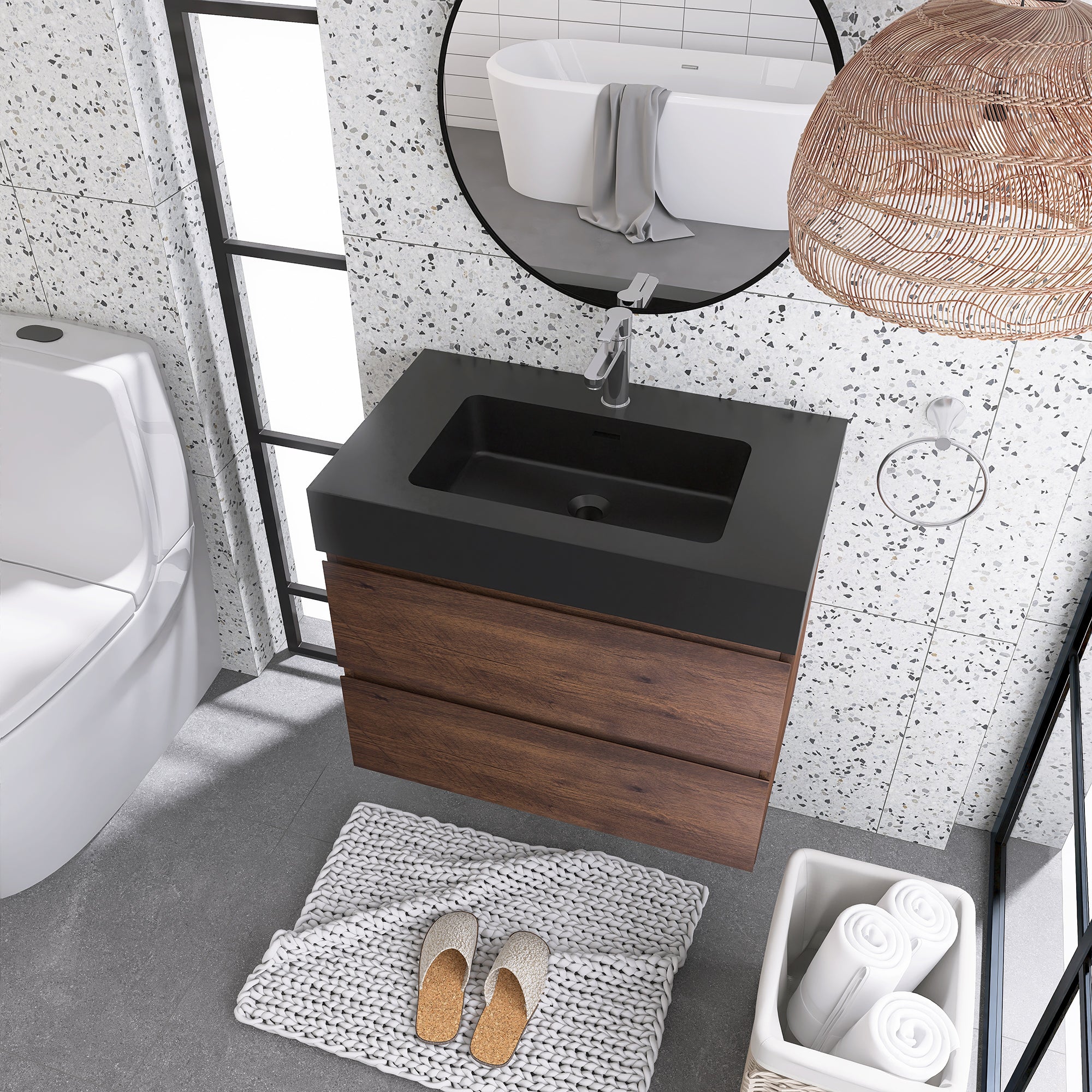 Wood Wall-Mounted Bathroom Vanity Set with Integrated Solid Surface Sink