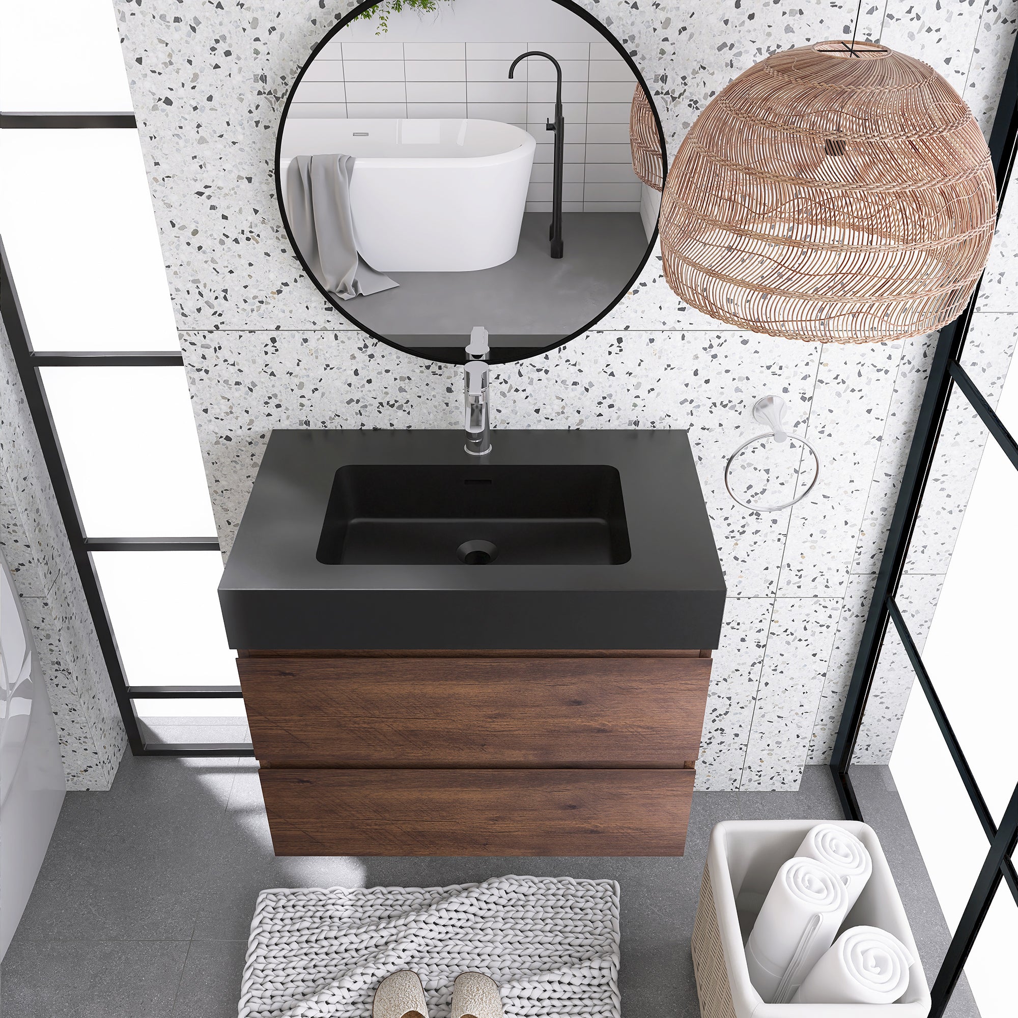 Wood Wall-Mounted Bathroom Vanity Set with Integrated Solid Surface Sink