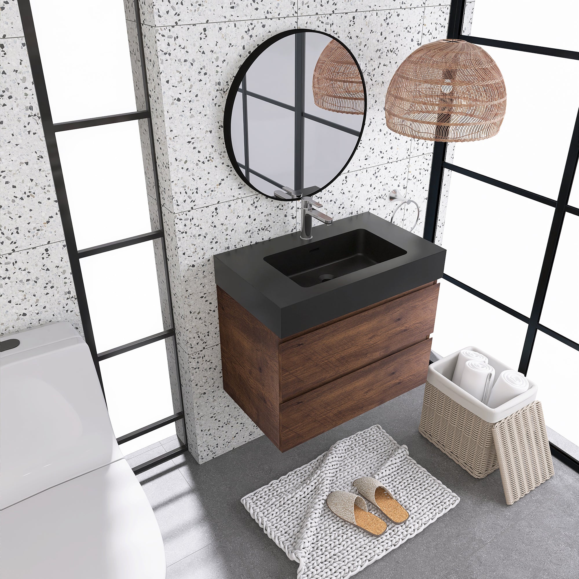 Wood Wall-Mounted Bathroom Vanity Set with Integrated Solid Surface Sink