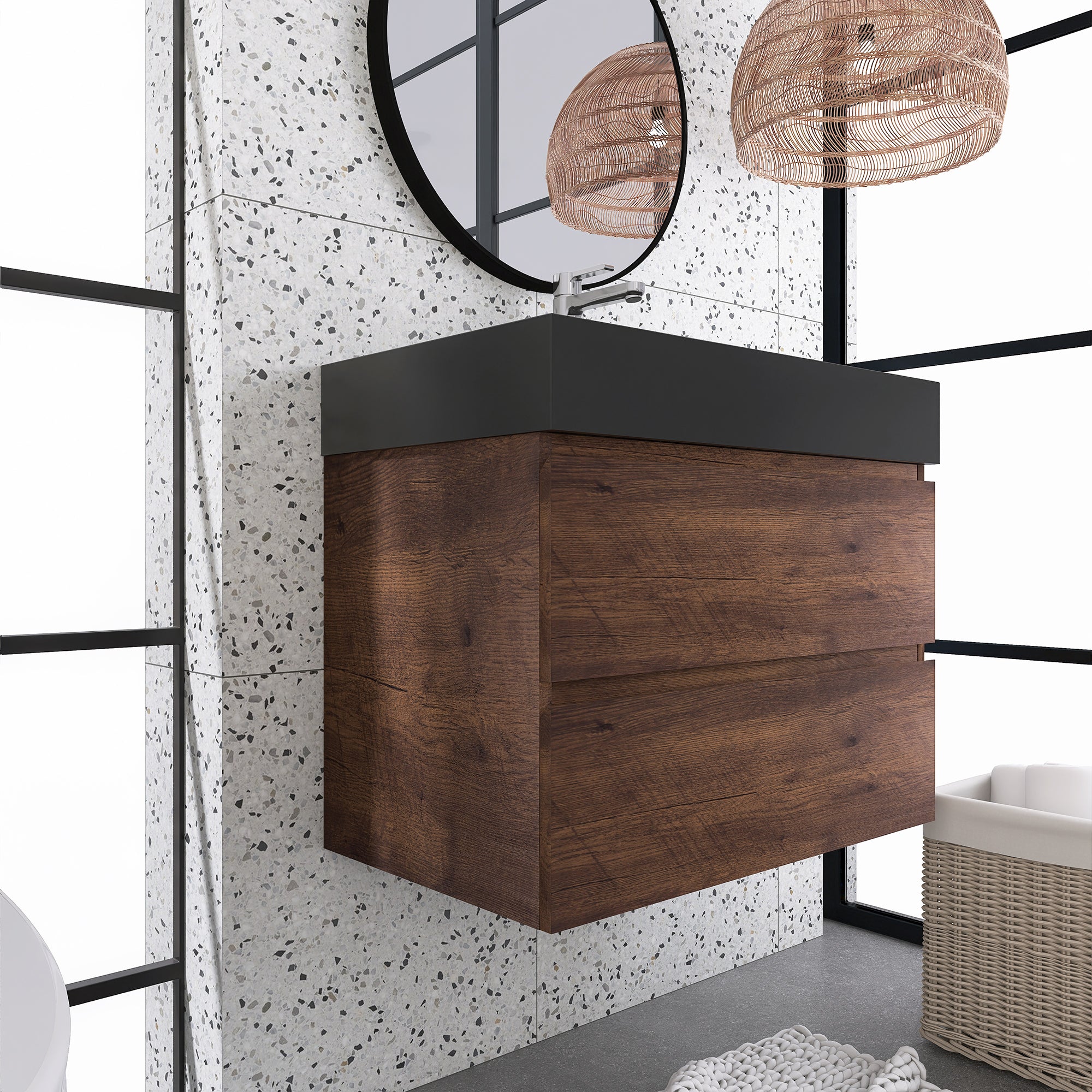 Wood Wall-Mounted Bathroom Vanity Set with Integrated Solid Surface Sink