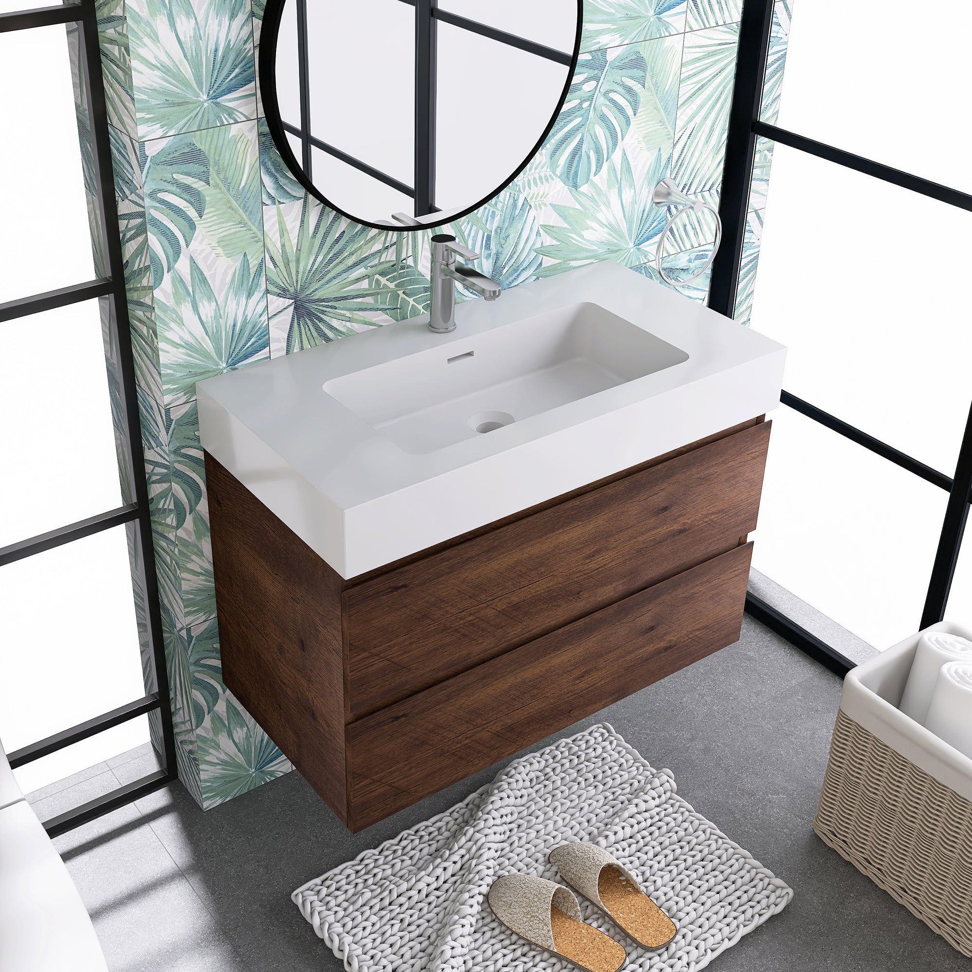 Wood Wall-Mounted Bathroom Vanity Set with Integrated Solid Surface Sink