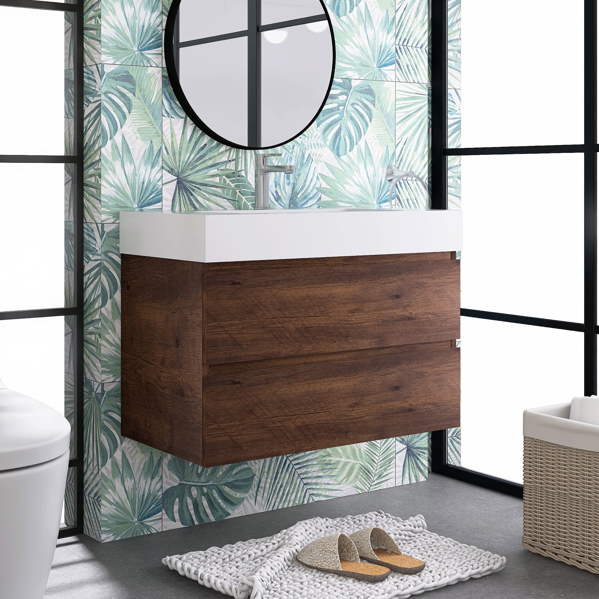 Wood Wall-Mounted Bathroom Vanity Set with Integrated Solid Surface Sink