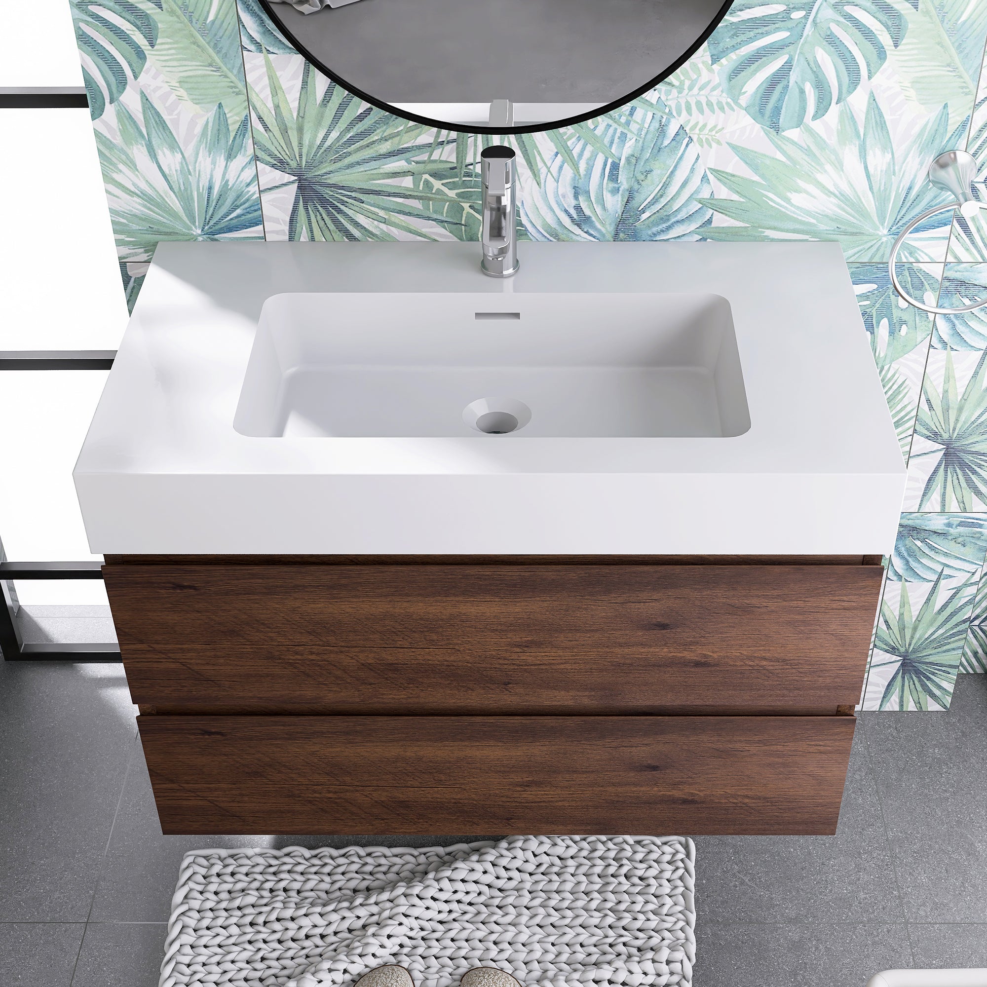 Wood Wall-Mounted Bathroom Vanity Set with Integrated Solid Surface Sink