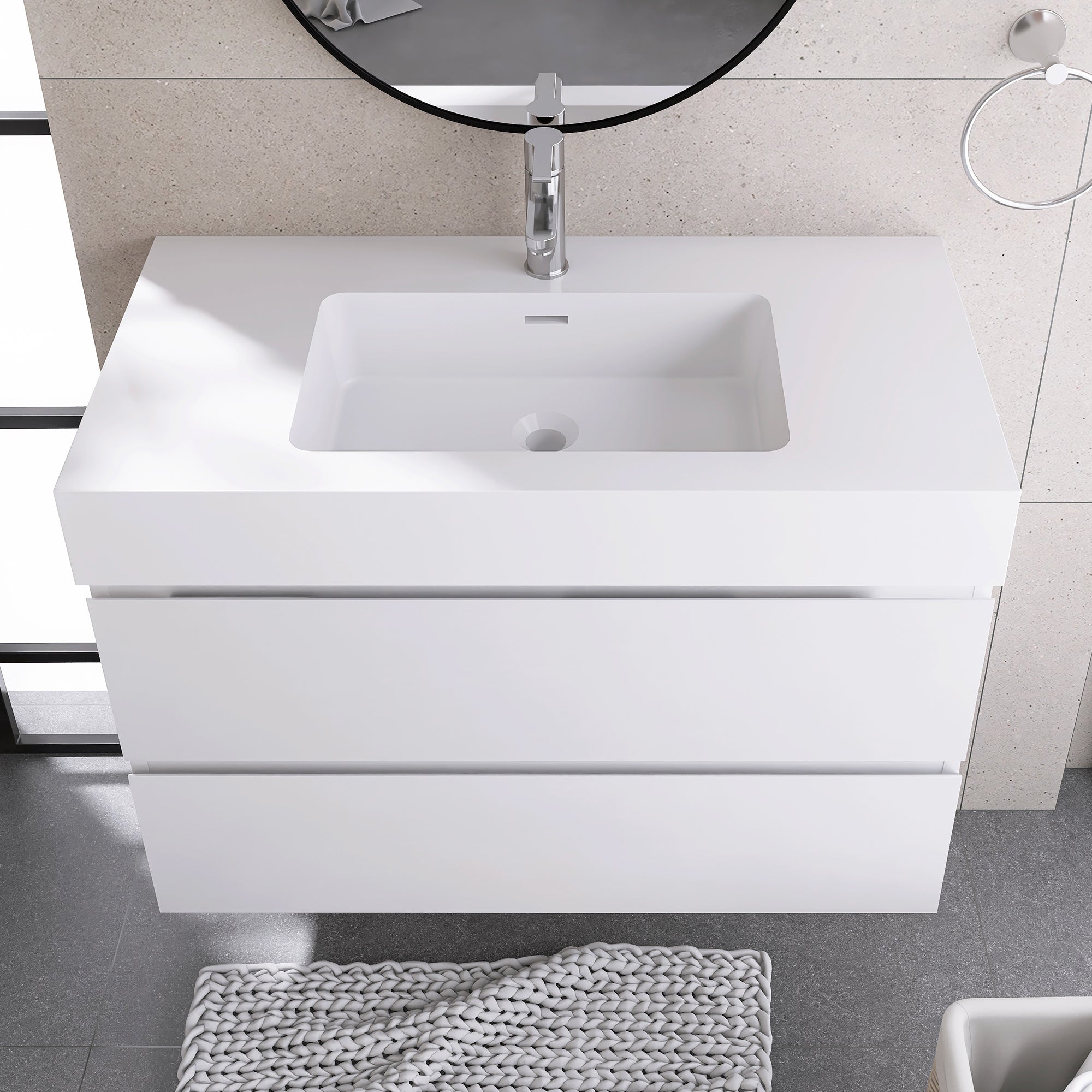 Wood Wall-Mounted Bathroom Vanity Set with Integrated Solid Surface Sink