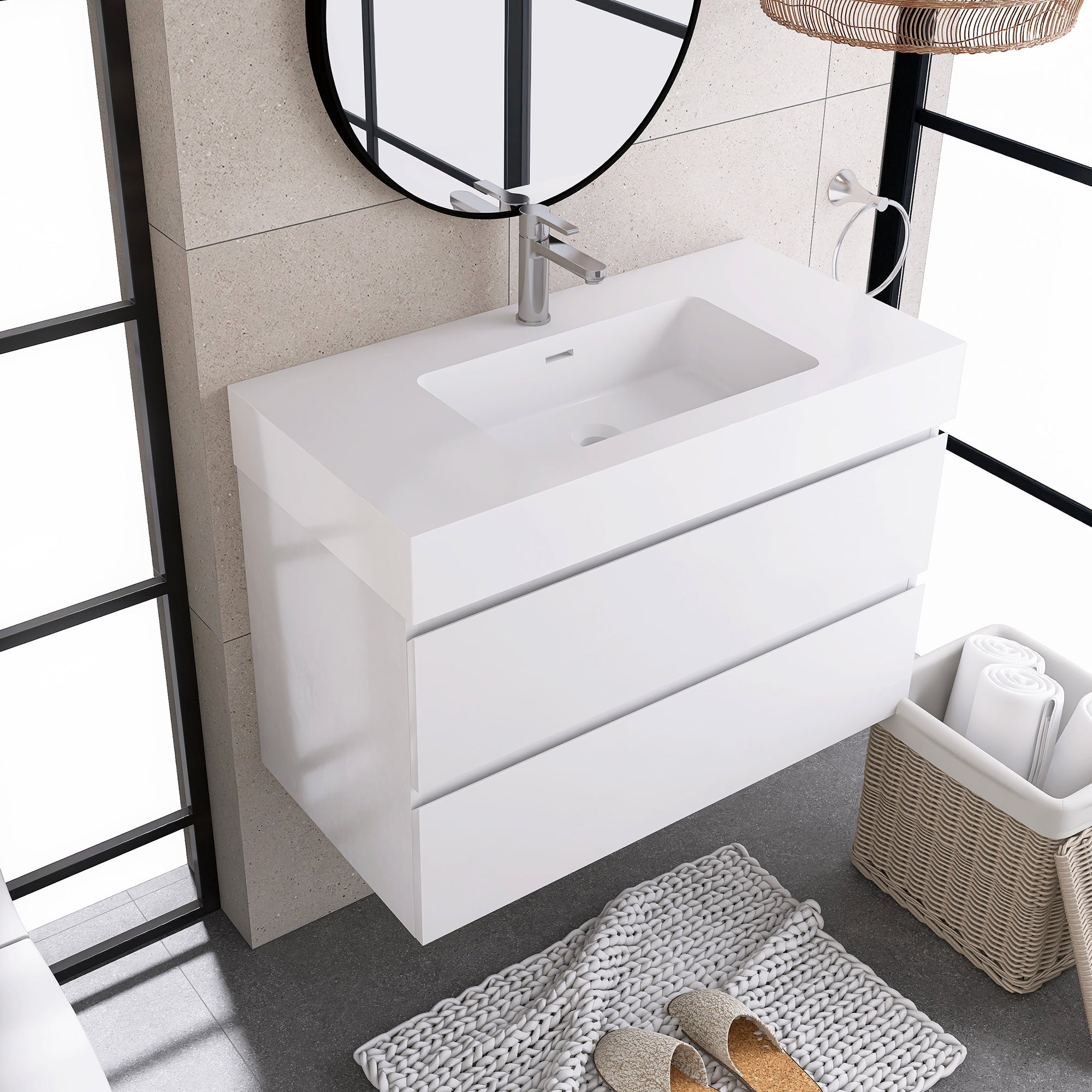 Wood Wall-Mounted Bathroom Vanity Set with Integrated Solid Surface Sink