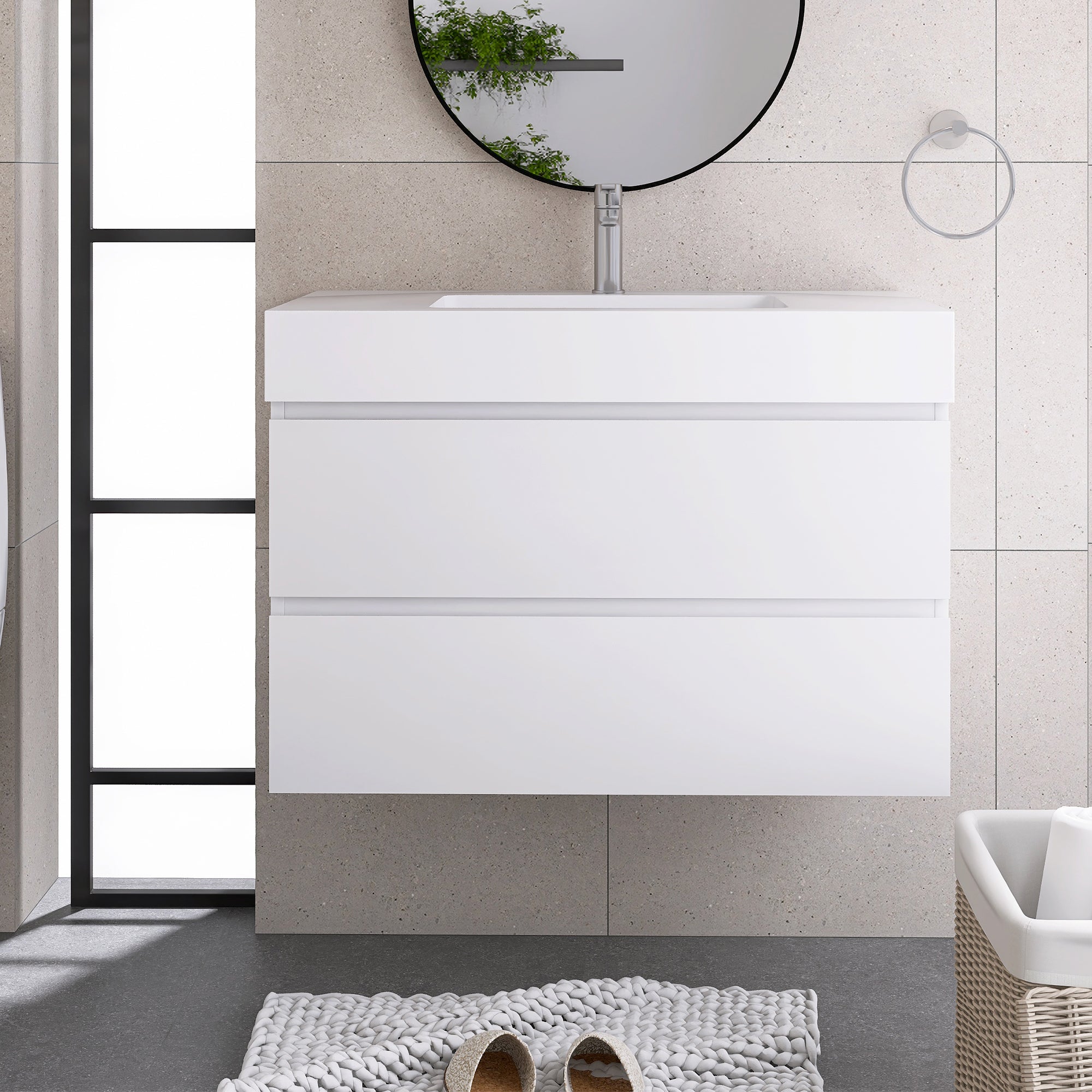 Wood Wall-Mounted Bathroom Vanity Set with Integrated Solid Surface Sink