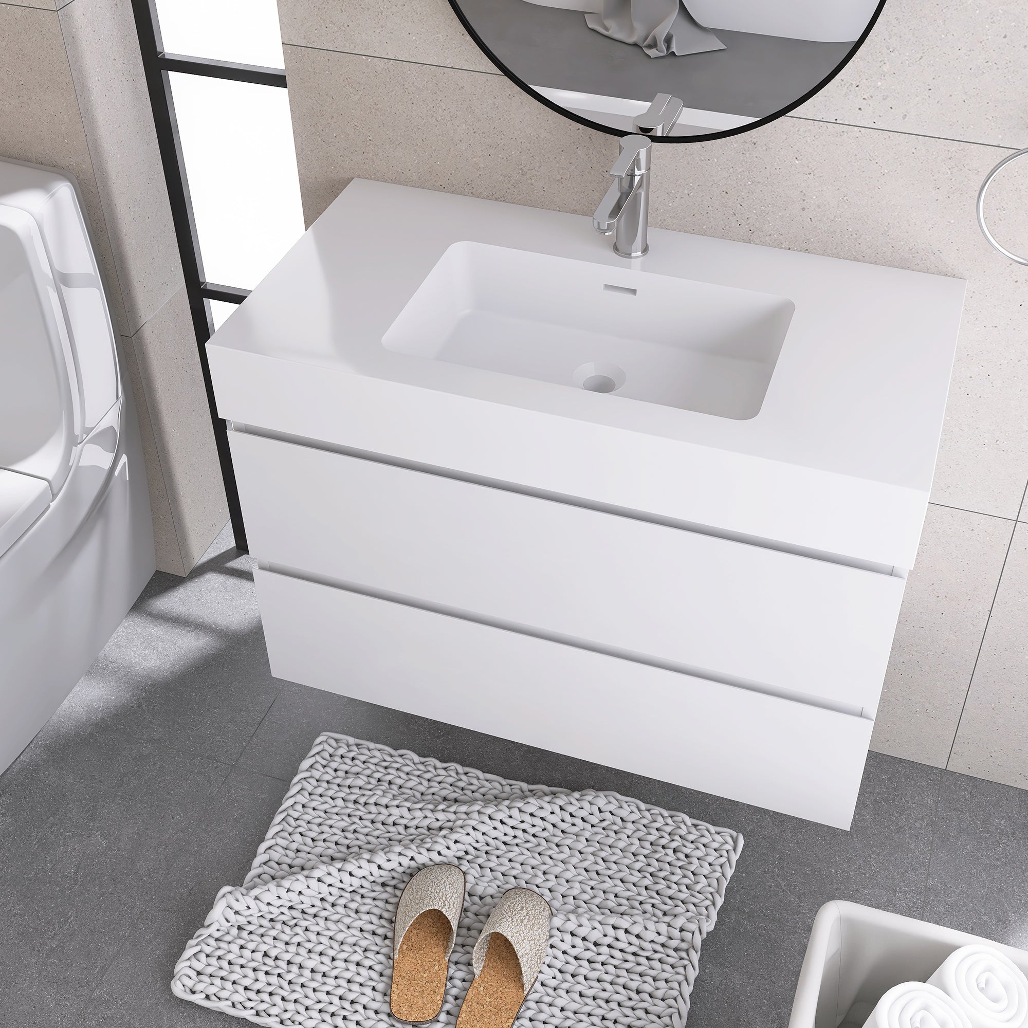 Wood Wall-Mounted Bathroom Vanity Set with Integrated Solid Surface Sink