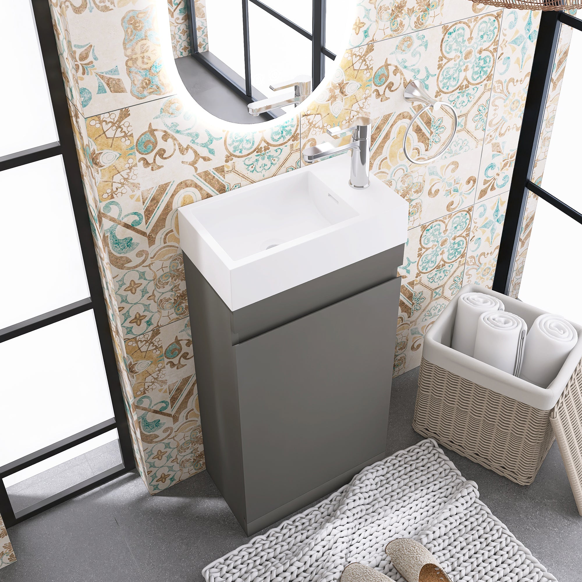 Wall-Mounted Bathroom Vanity Set in Grey with White Integrated Artificial Stone Sink