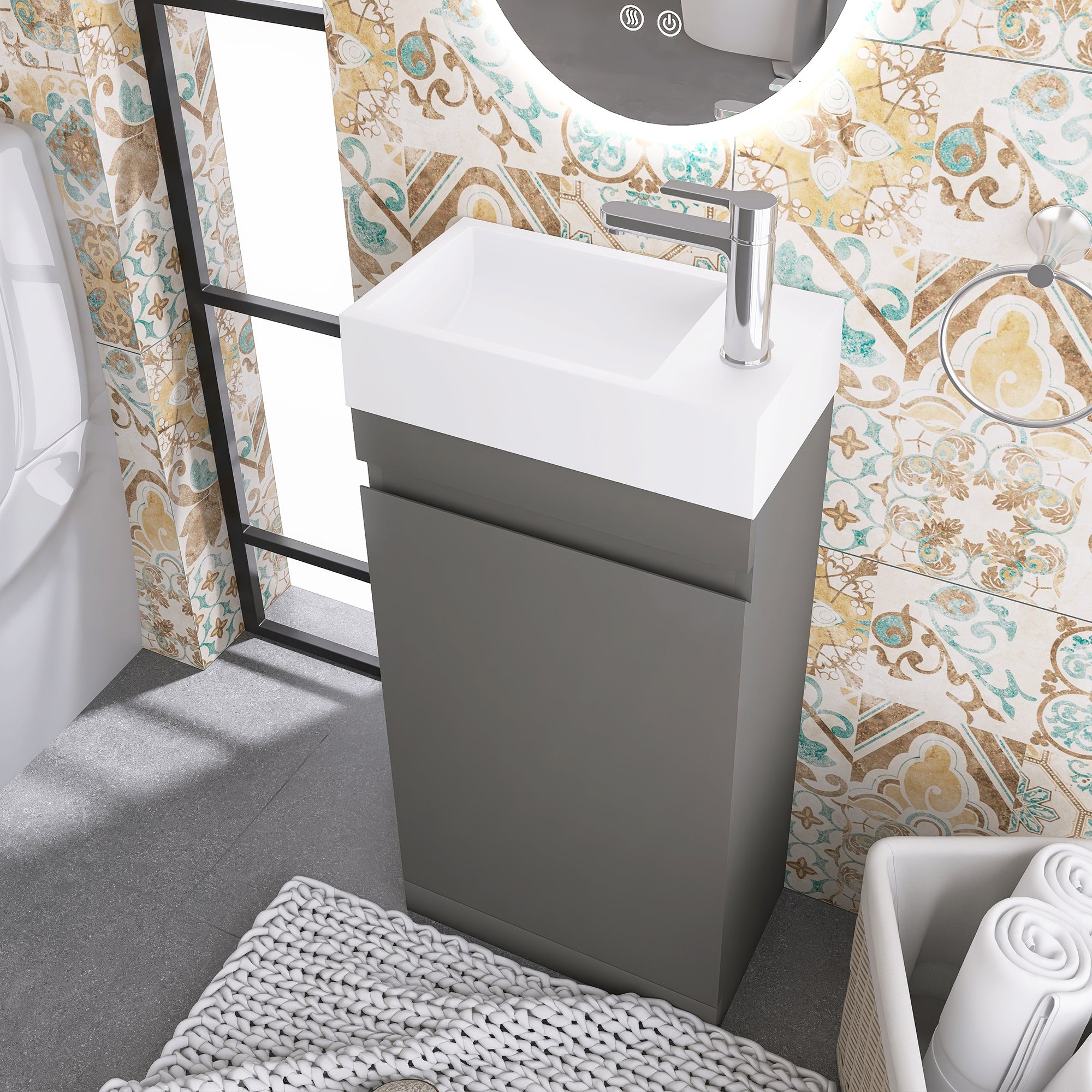 Wall-Mounted Bathroom Vanity Set in Grey with White Integrated Artificial Stone Sink