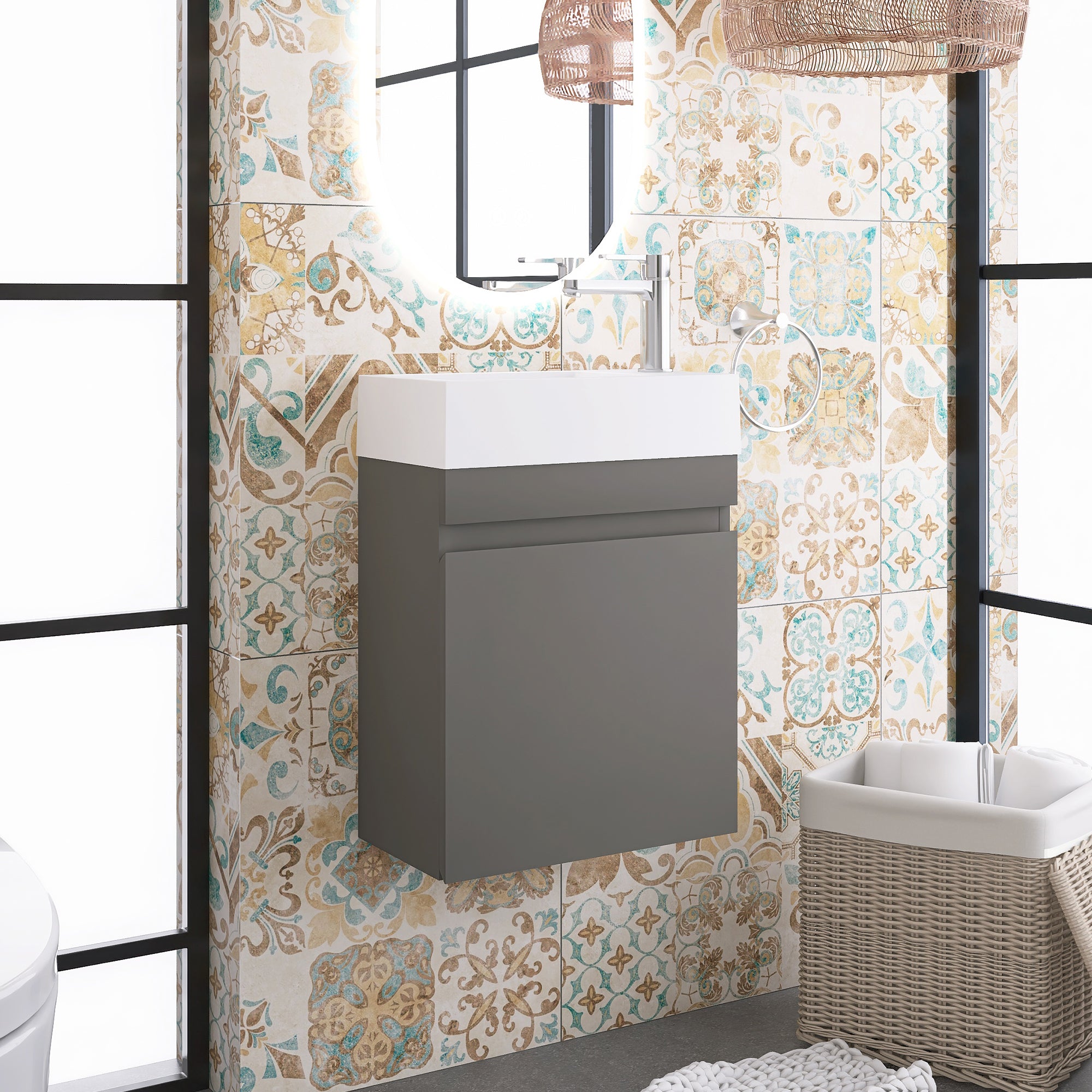 Wall-Mounted Bathroom Vanity Set in Grey with White Integrated Artificial Stone Sink