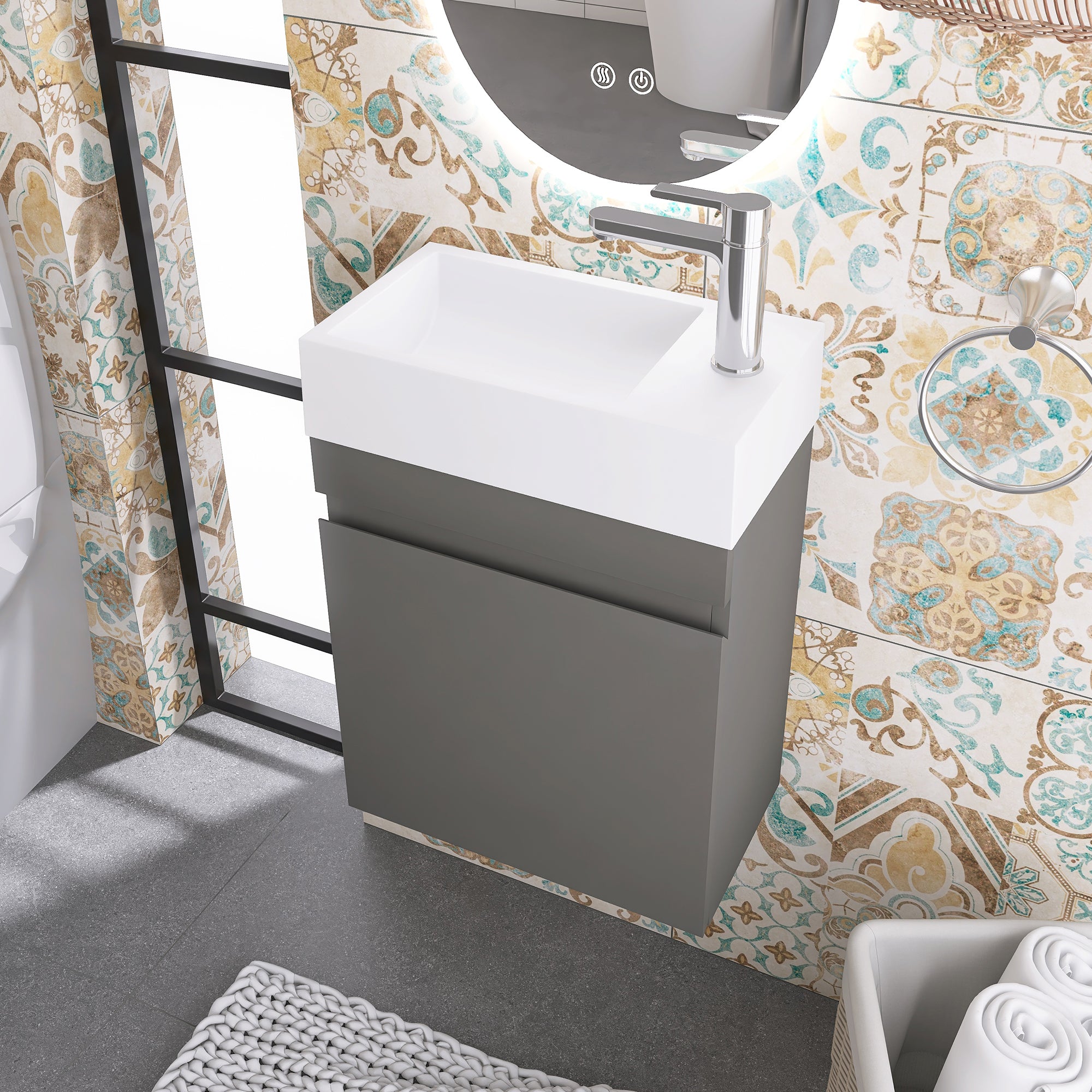 Wall-Mounted Bathroom Vanity Set in Grey with White Integrated Artificial Stone Sink