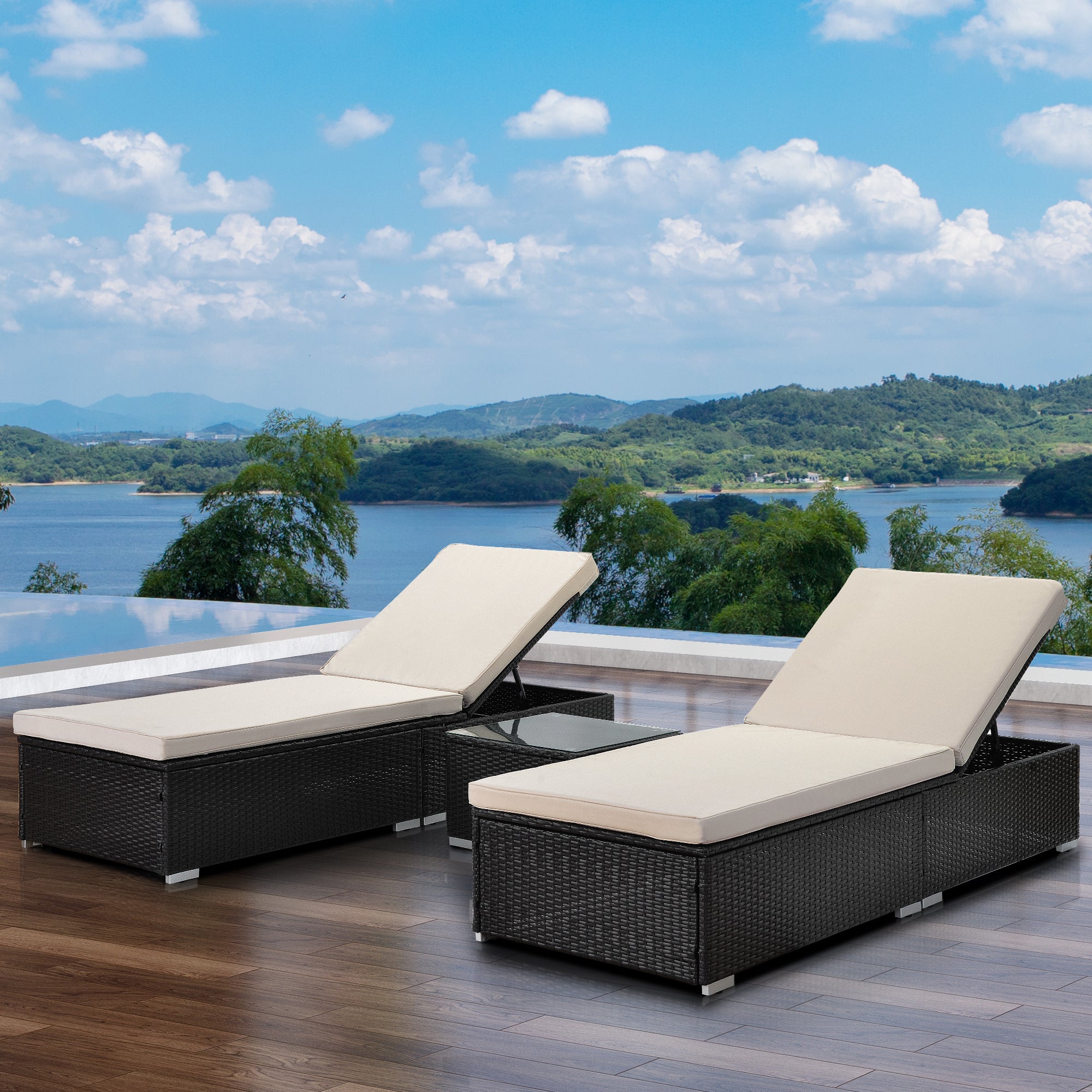 3 Pieces Outdoor Patio Chaise Lounge Set with Coffee Table