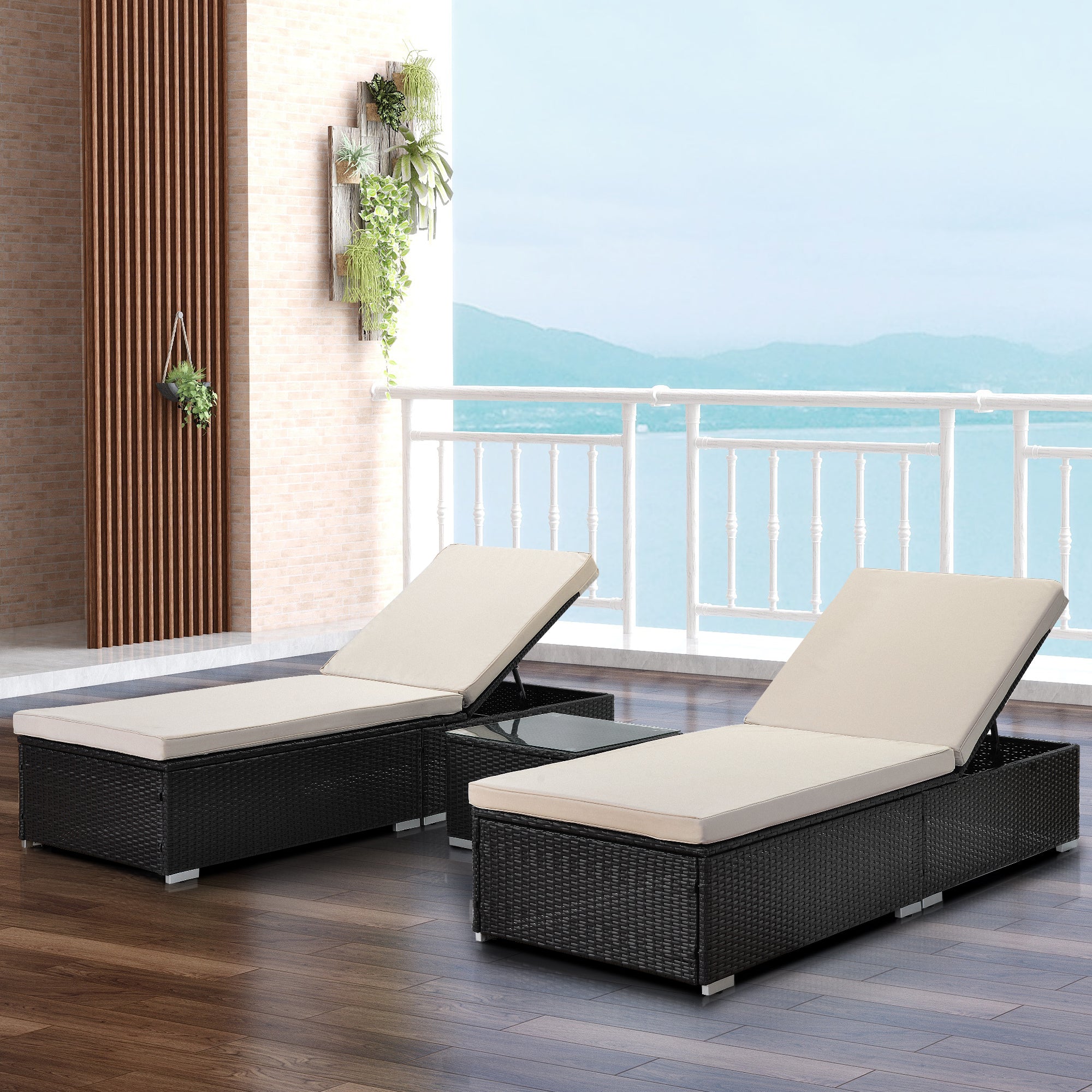 3 Pieces Outdoor Patio Chaise Lounge Set with Coffee Table