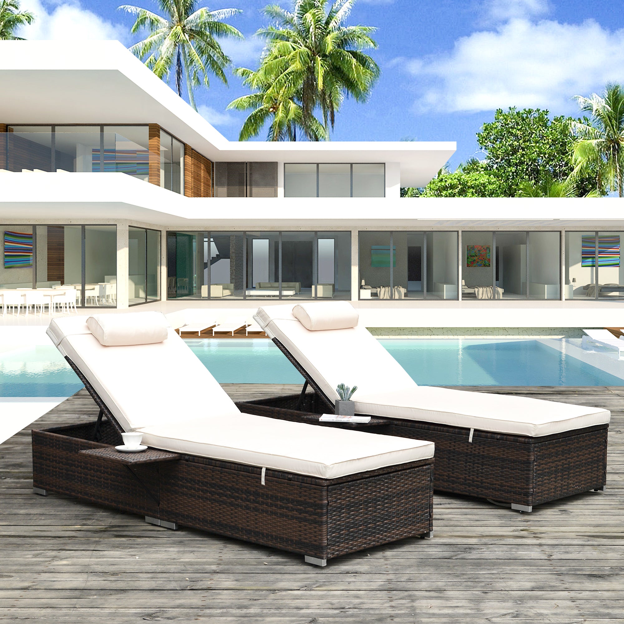 2 Pieces Outdoor Patio Recliner Chaise Lounge Set with Side Table