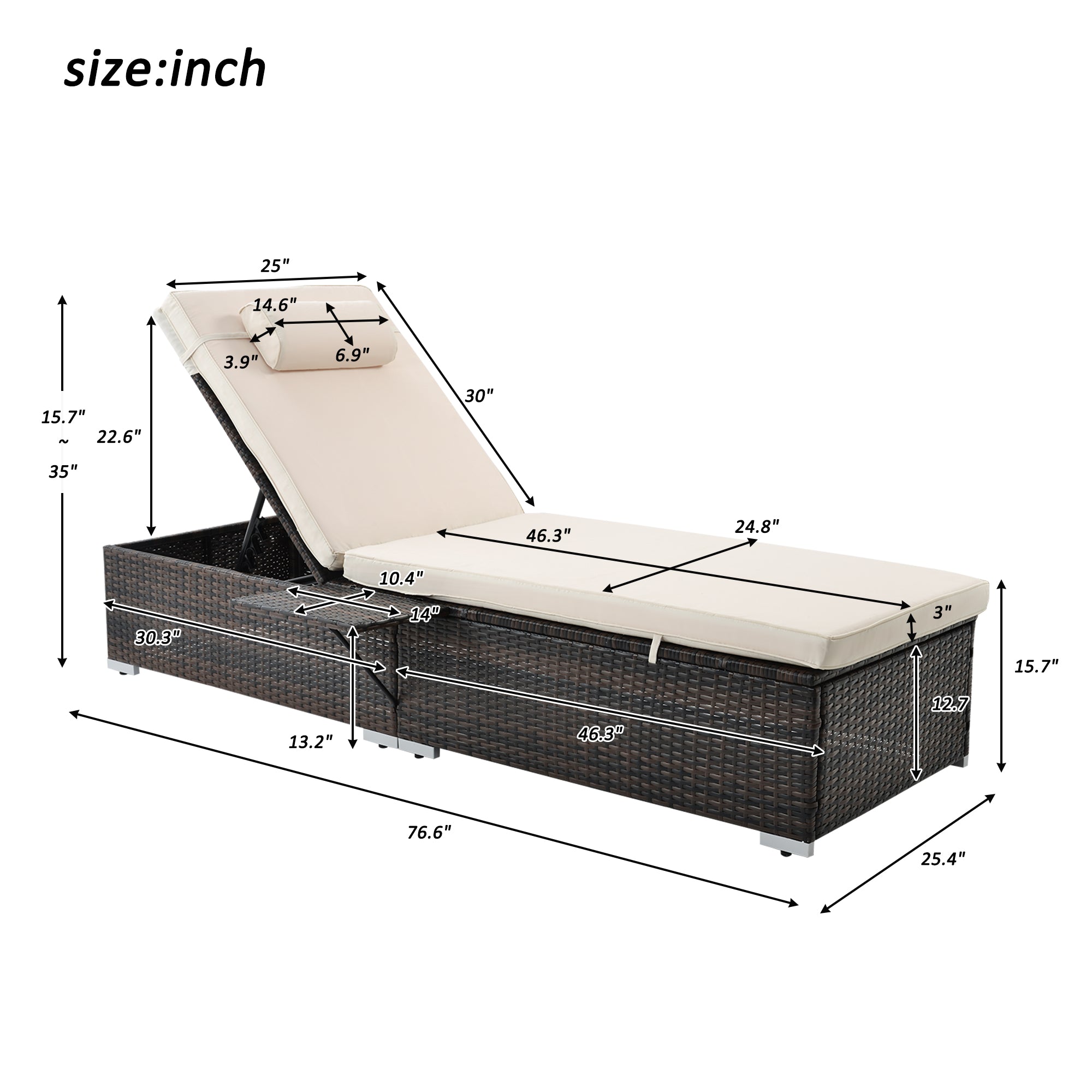 2 Pieces Outdoor Patio Recliner Chaise Lounge Set with Side Table