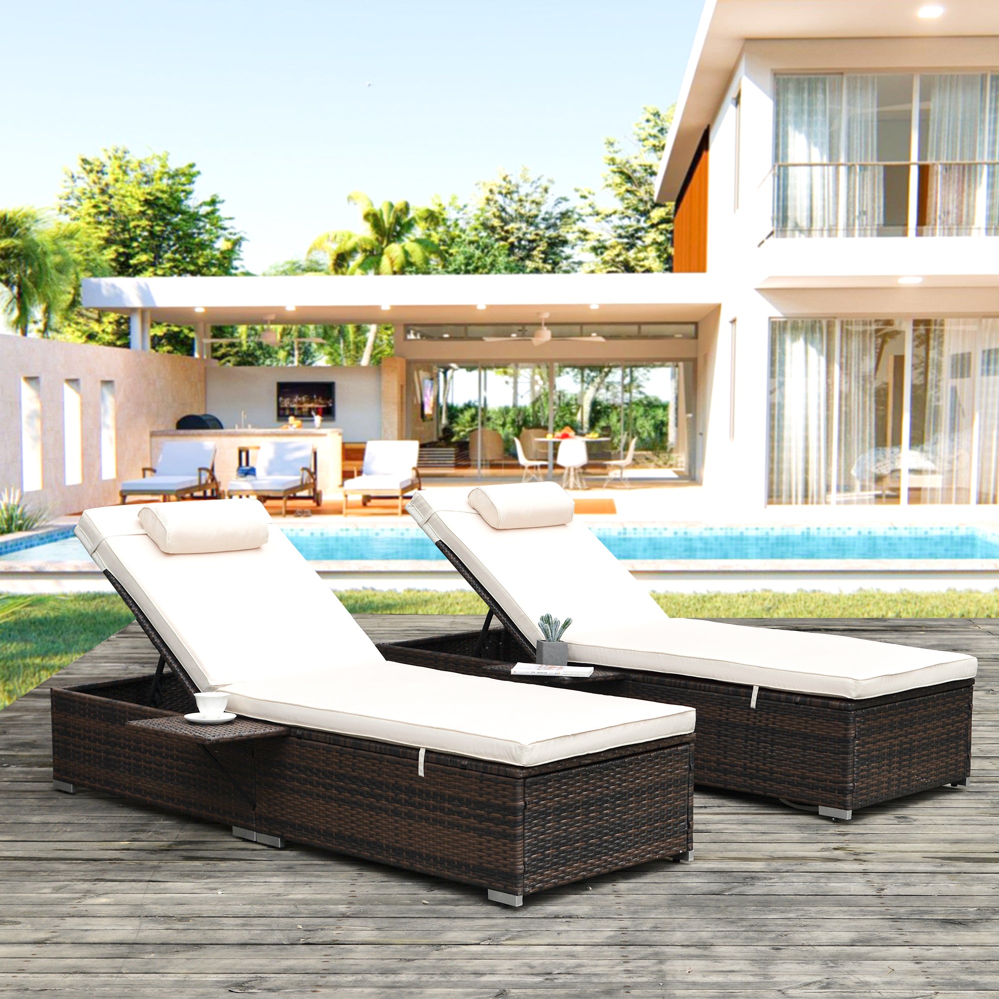 2 Pieces Outdoor Patio Recliner Chaise Lounge Set with Side Table