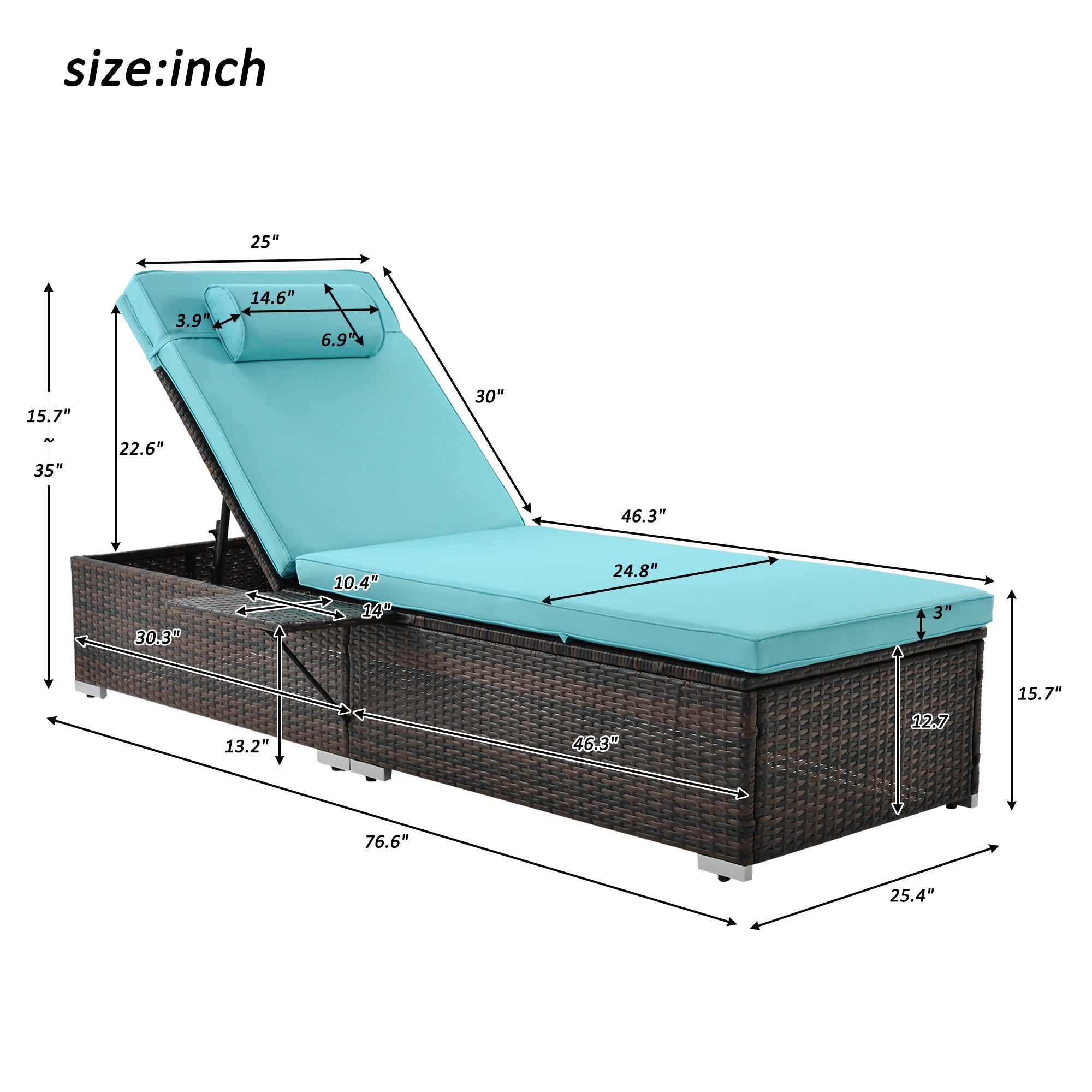 2 Pieces Outdoor Patio Recliner Chaise Lounge Set with Side Table