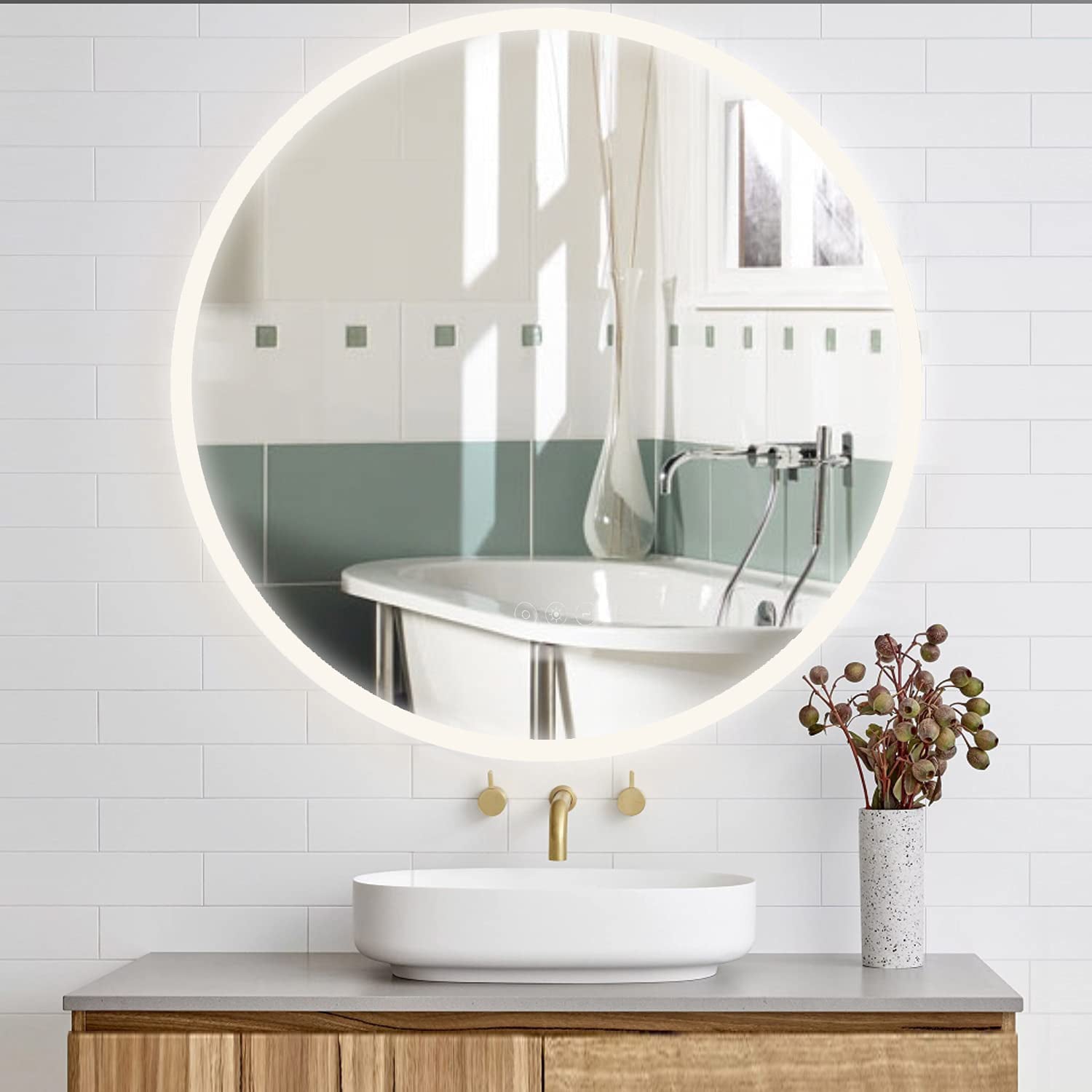 26" Acrylic led round mirror anti fog switch Touch bathroom