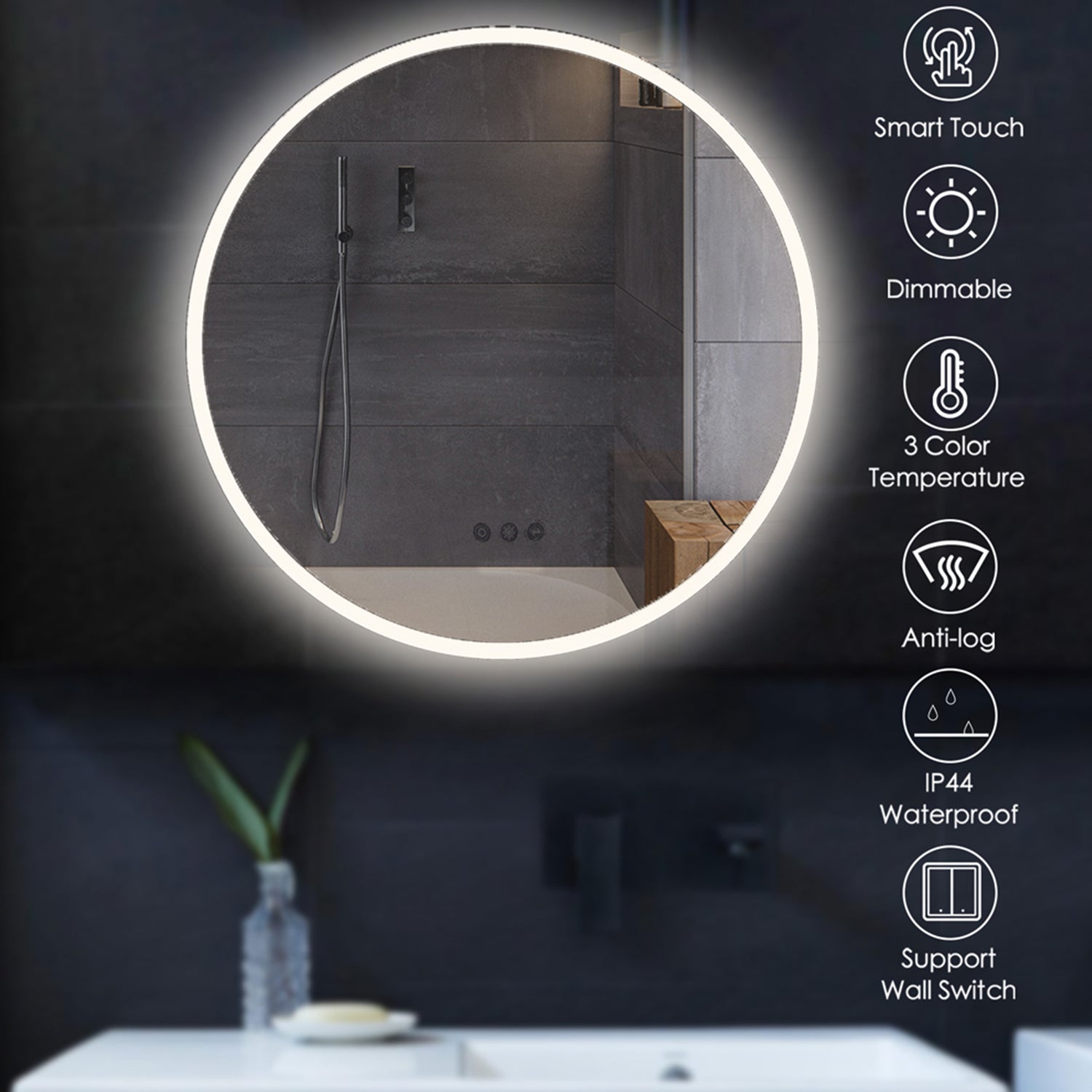 26" Acrylic led round mirror anti fog switch Touch bathroom
