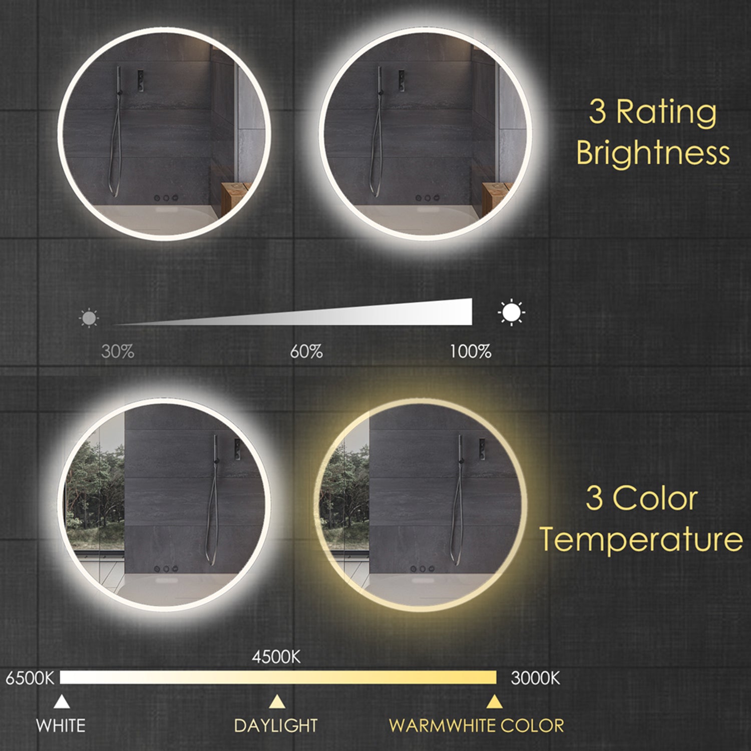 26" Acrylic led round mirror anti fog switch Touch bathroom