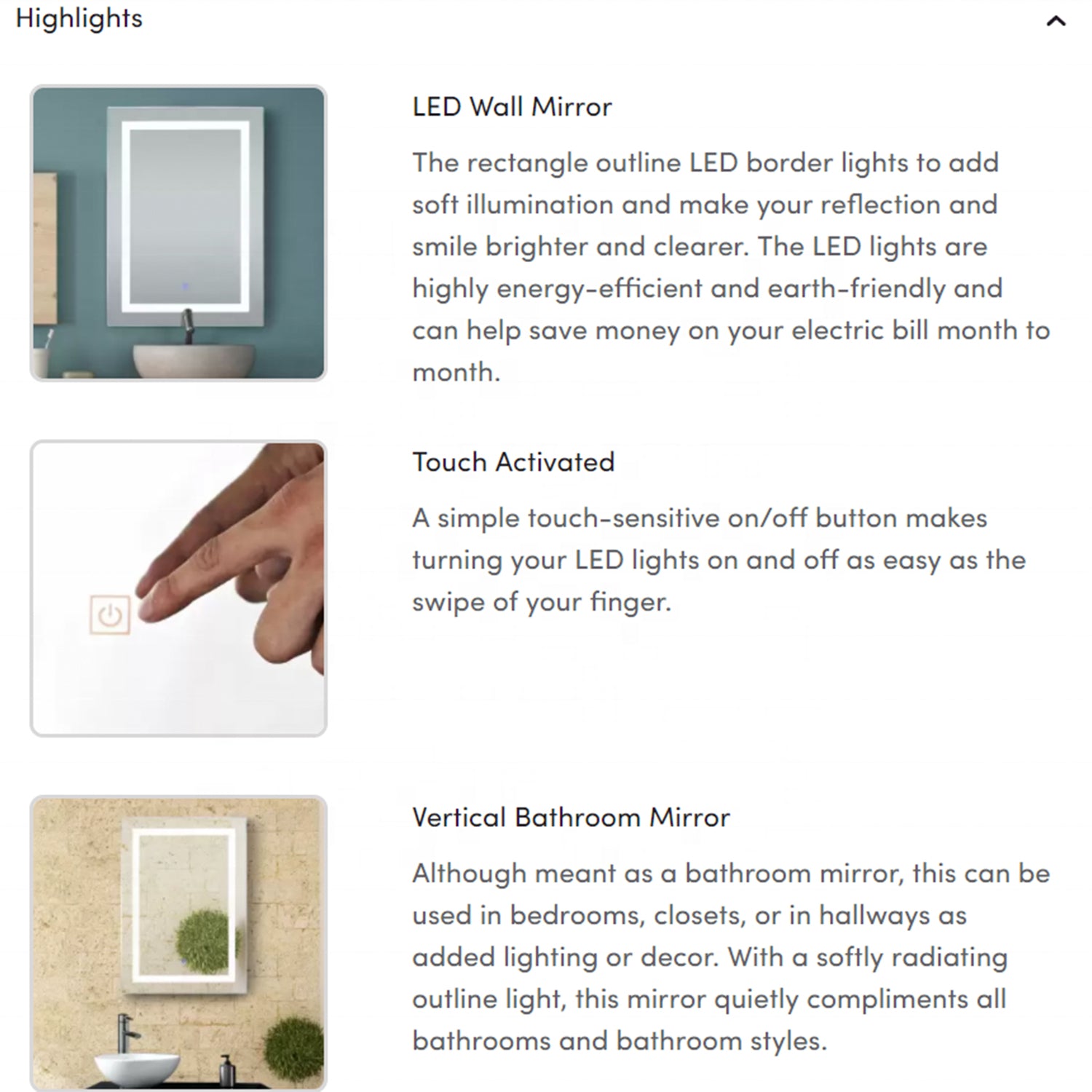 26" Acrylic led round mirror anti fog switch Touch bathroom
