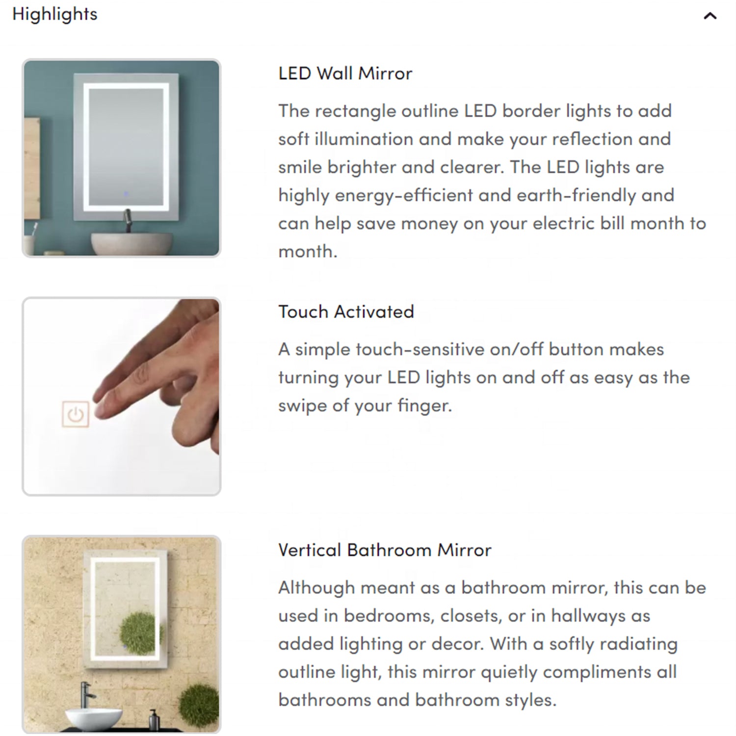 36 x 48 in. LED mirror 3-brightness and 3-colors anti-fog switch touch