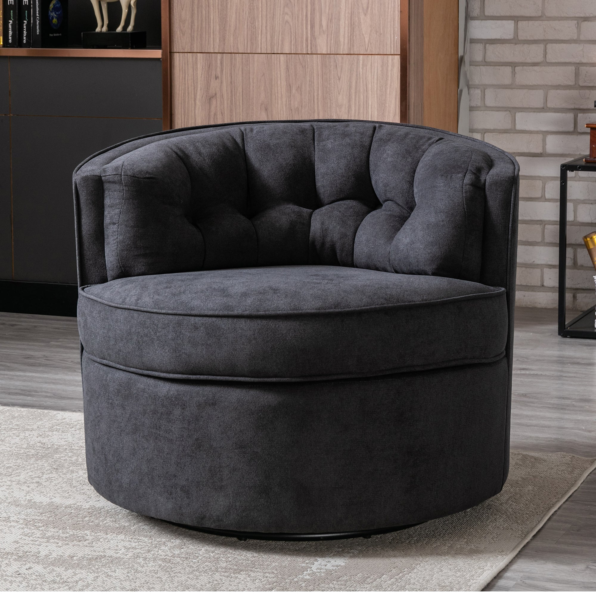 33" Wide Tufted Linen Swivel Barrel Chair