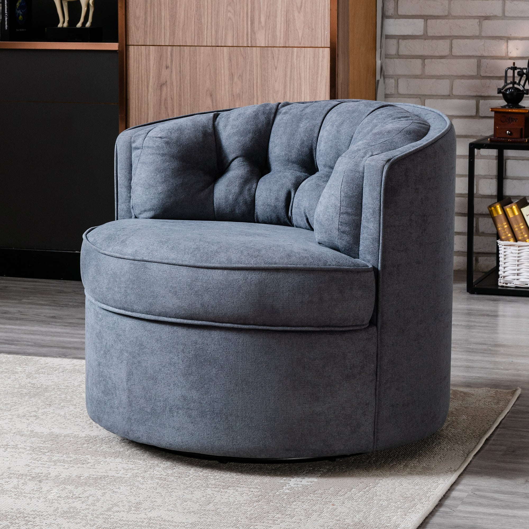 33" Wide Tufted Linen Swivel Barrel Chair