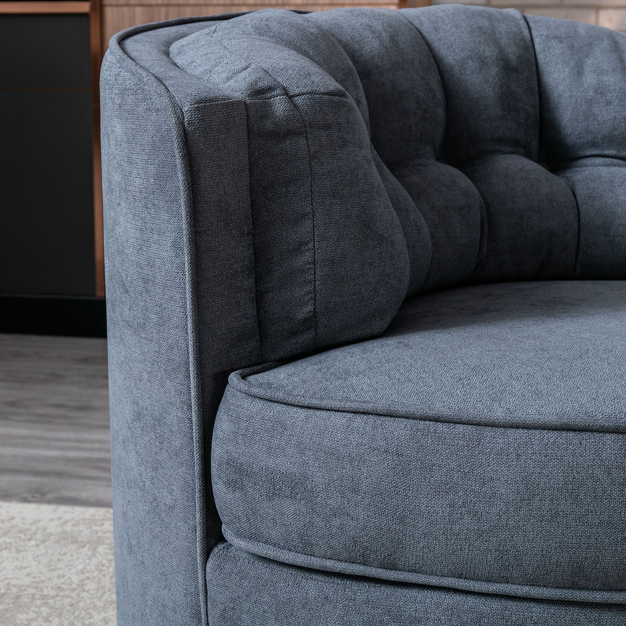 33" Wide Tufted Linen Swivel Barrel Chair
