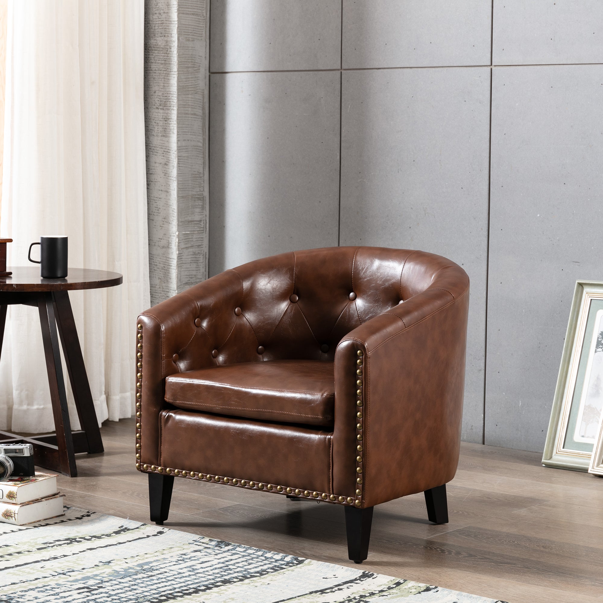 28" Wide Tufted Barrel Chair with Wood Legs