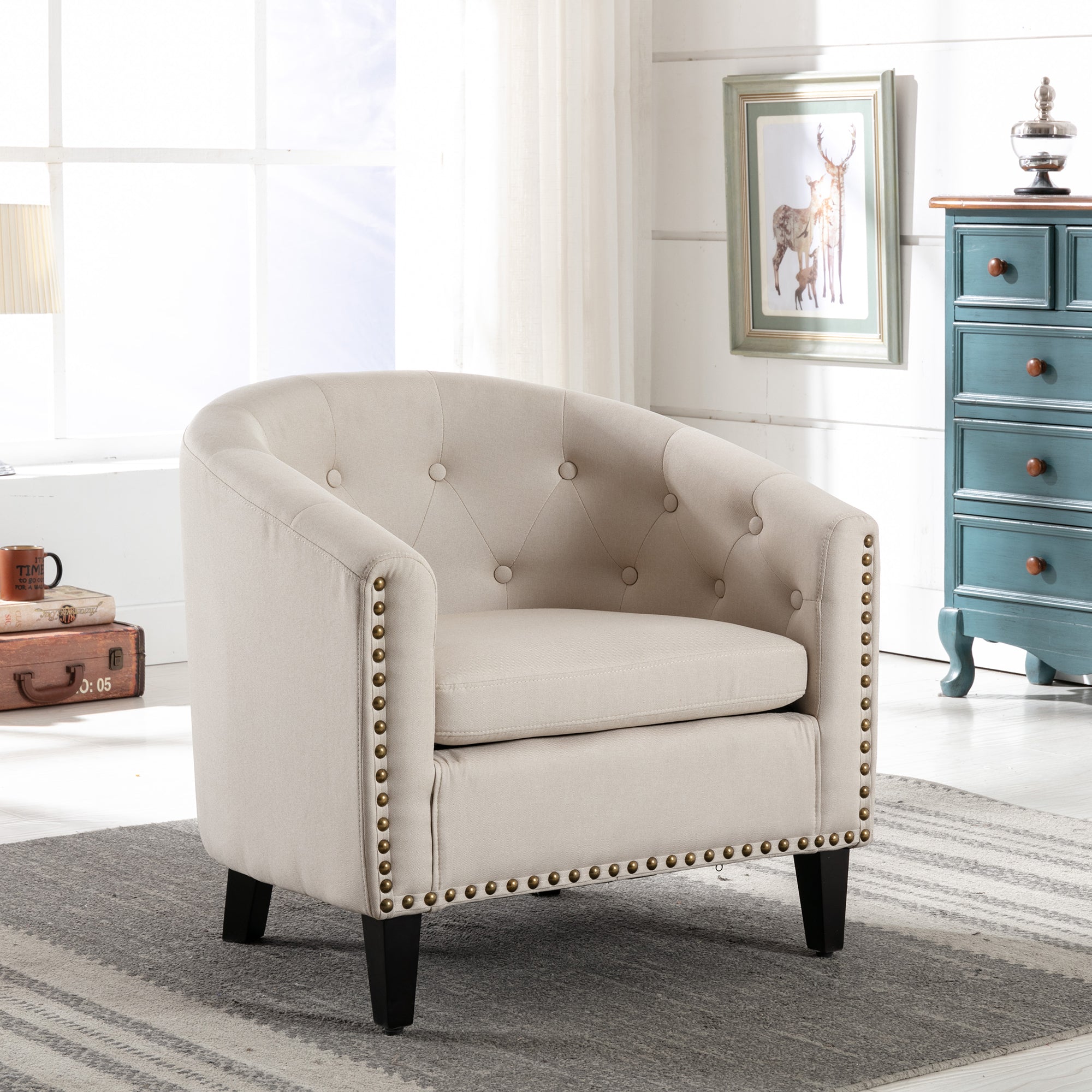 28" Wide Tufted Barrel Chair with Wood Legs
