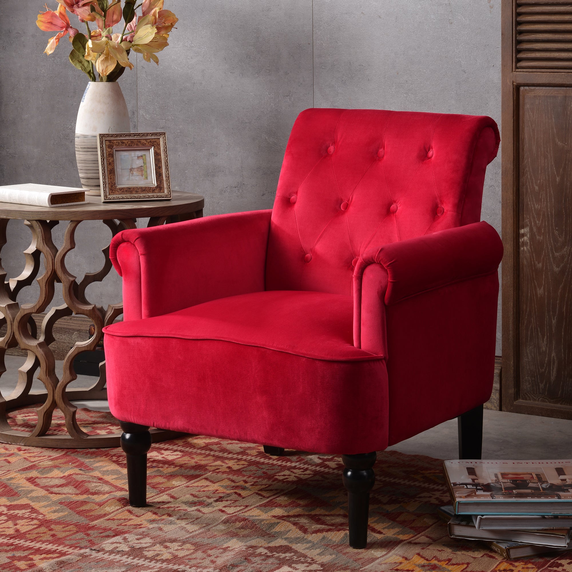 26" Wide Tufted Velvet Club Chair with Wood Legs