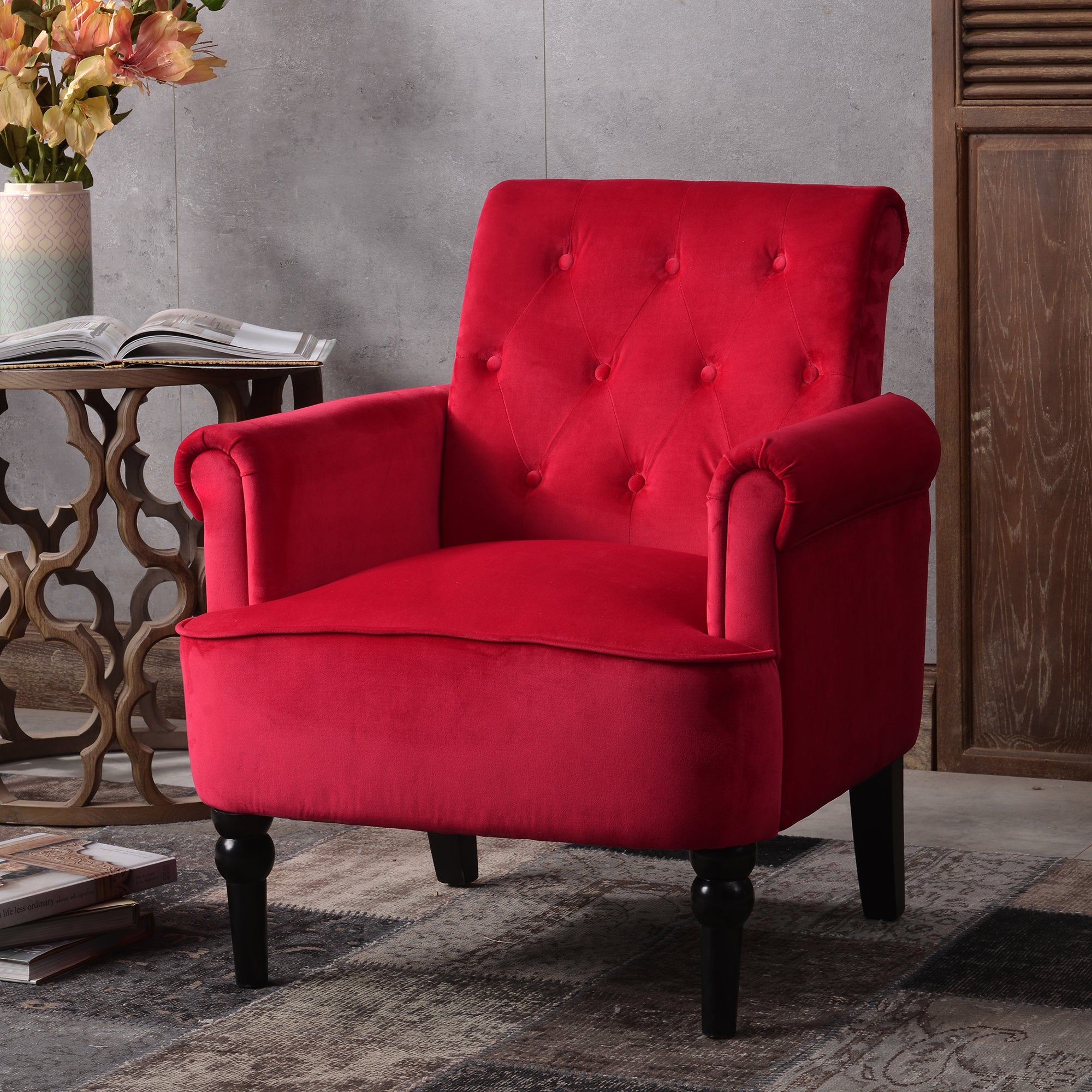 26" Wide Tufted Velvet Club Chair with Wood Legs