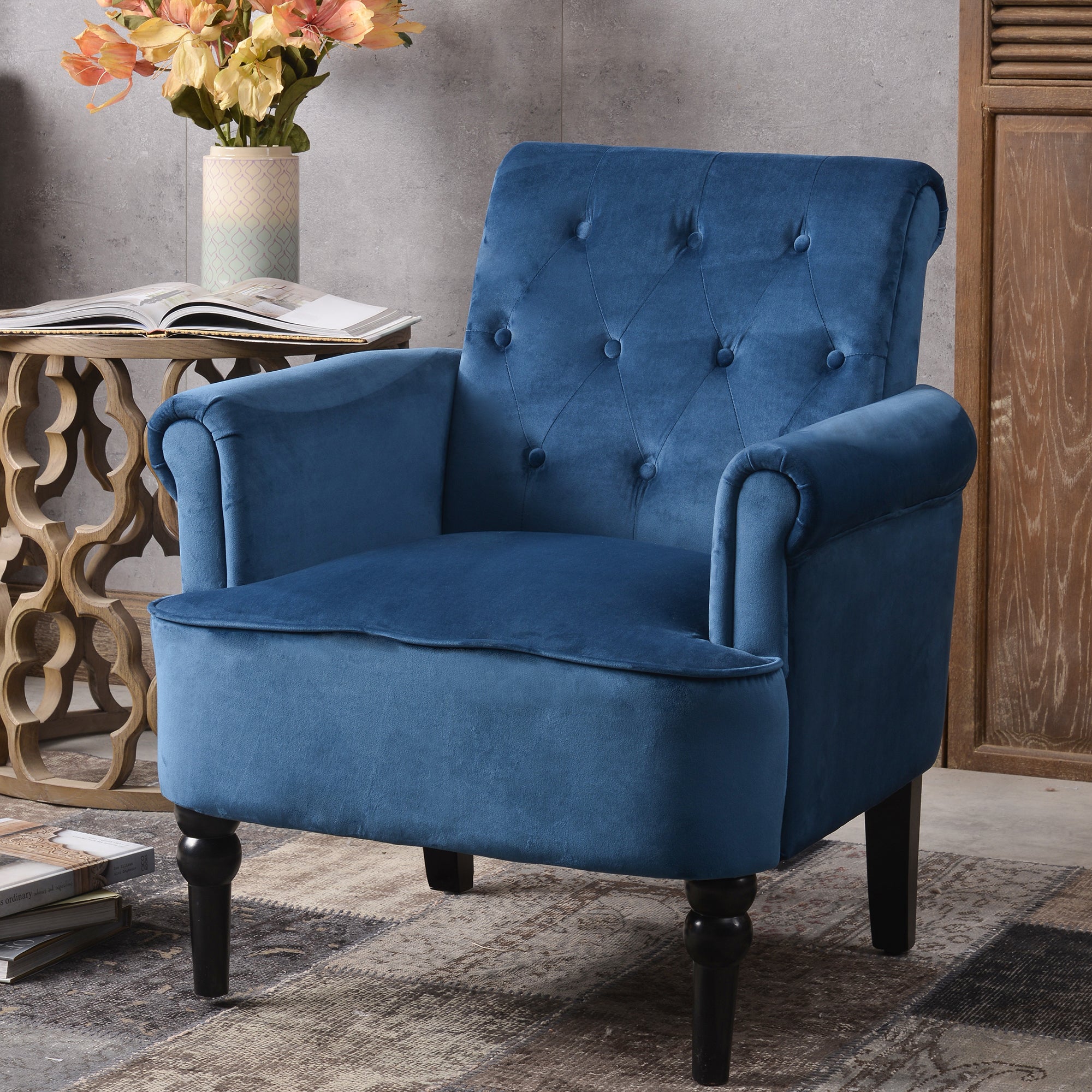 26" Wide Tufted Velvet Club Chair with Wood Legs