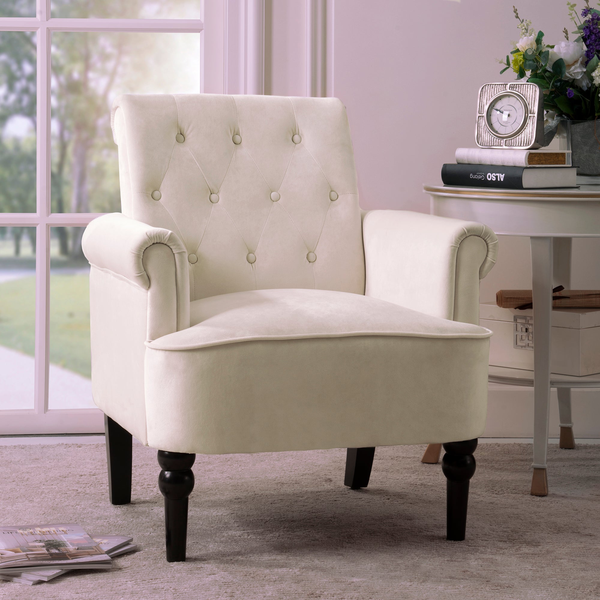 26" Wide Tufted Velvet Club Chair with Wood Legs