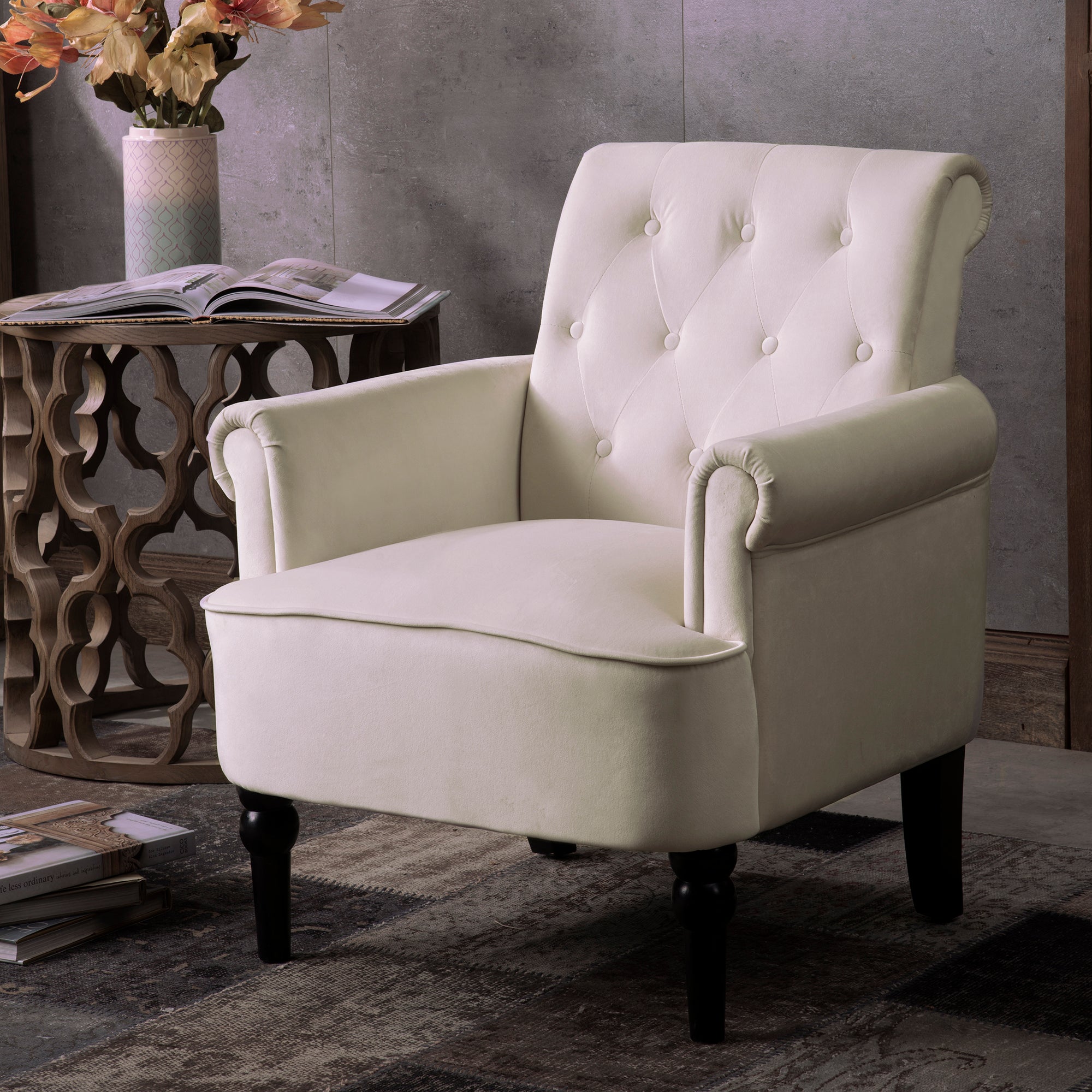 26" Wide Tufted Velvet Club Chair with Wood Legs