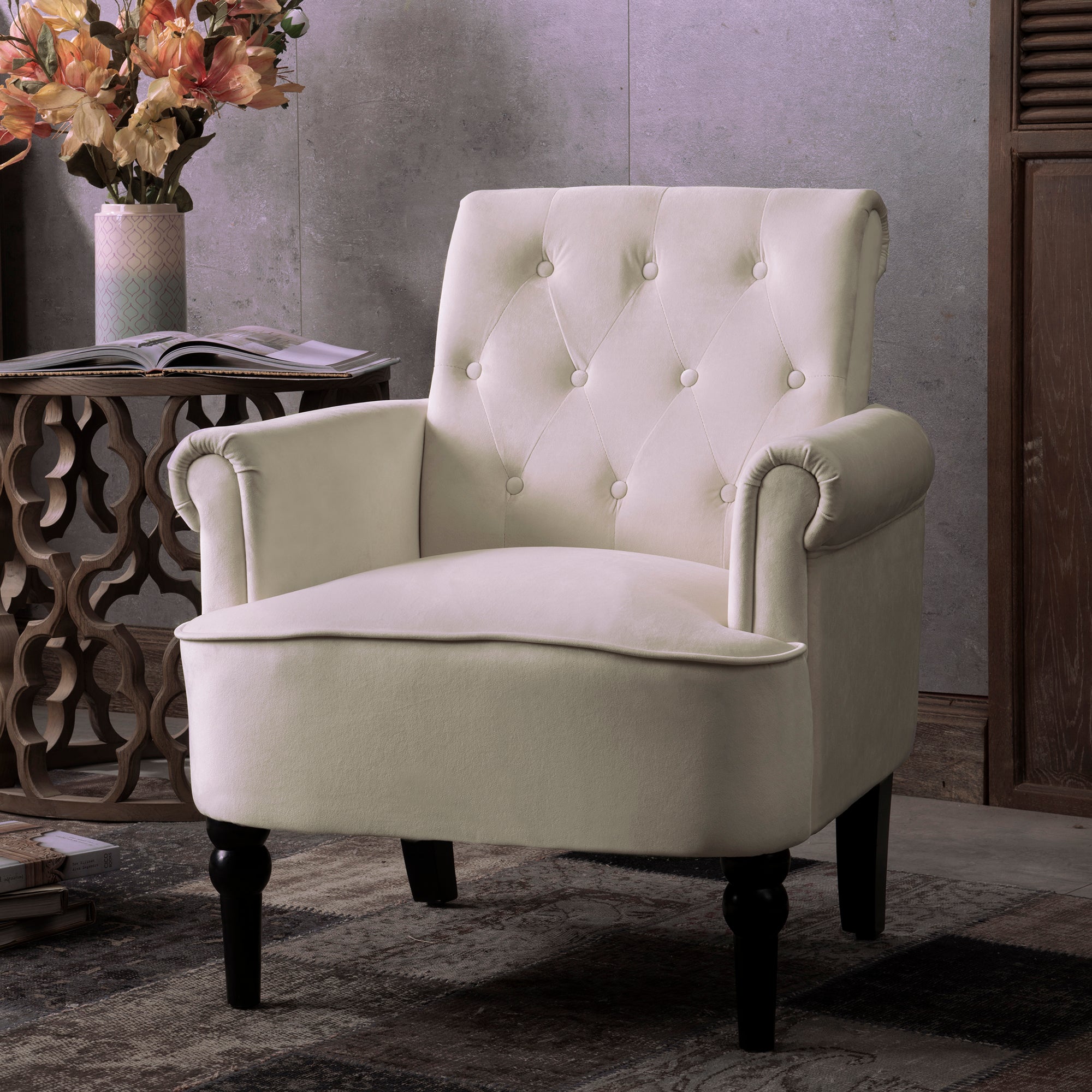 26" Wide Tufted Velvet Club Chair with Wood Legs