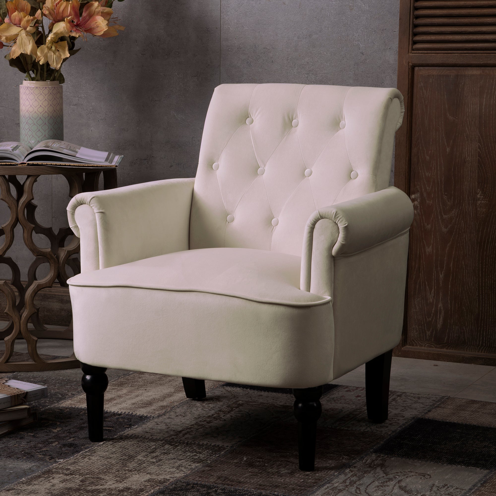 26" Wide Tufted Velvet Club Chair with Wood Legs