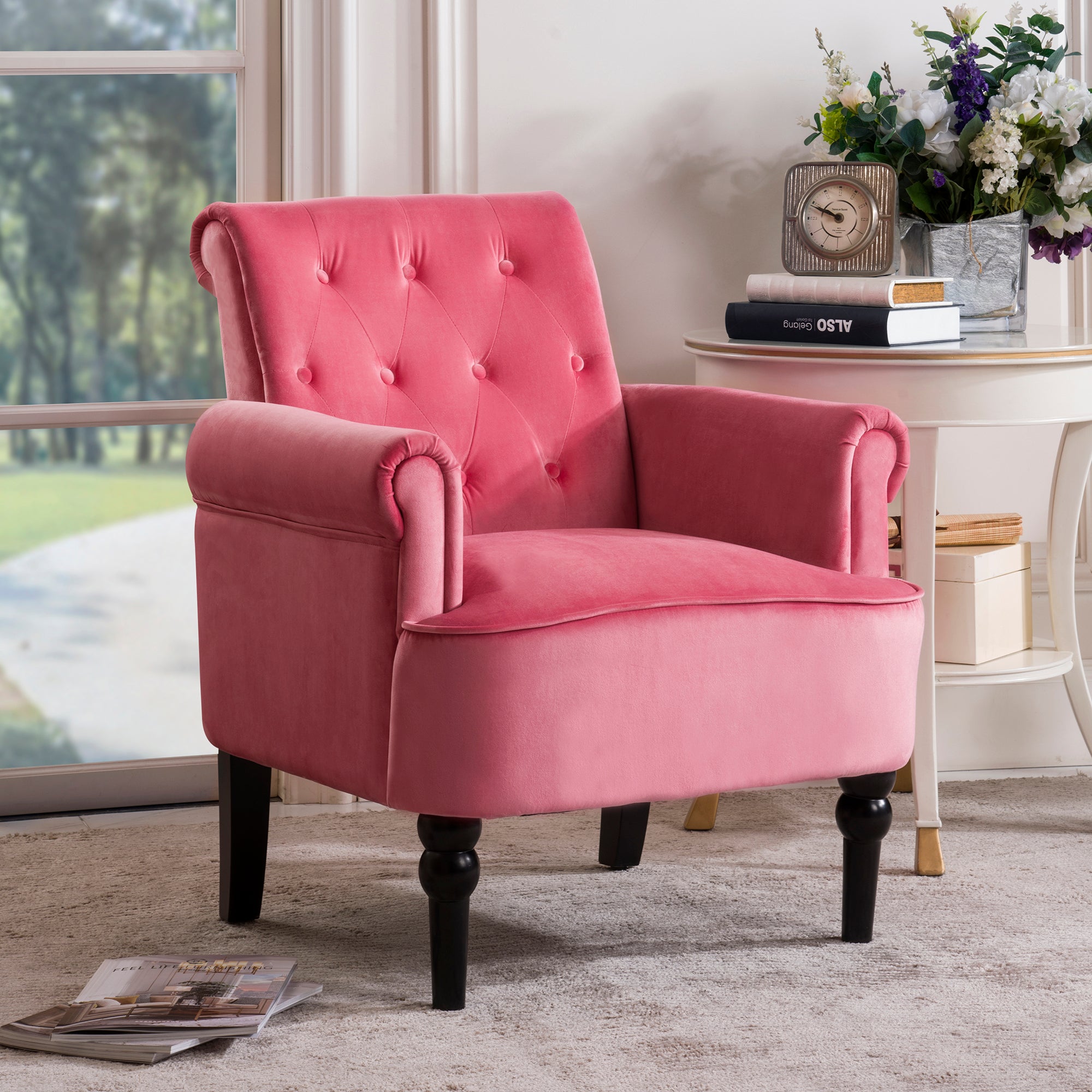 26" Wide Tufted Velvet Club Chair with Wood Legs