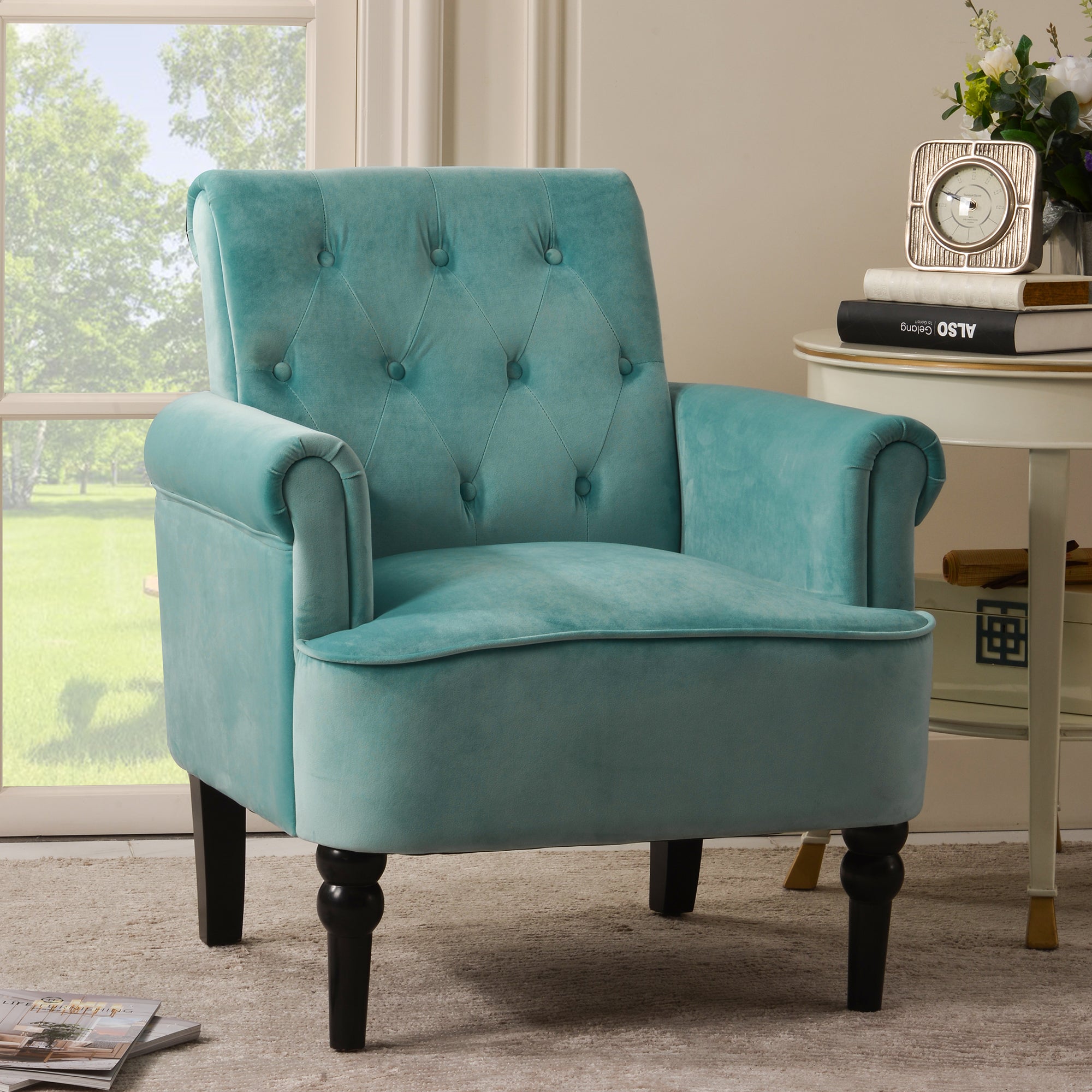 26" Wide Tufted Velvet Club Chair with Wood Legs