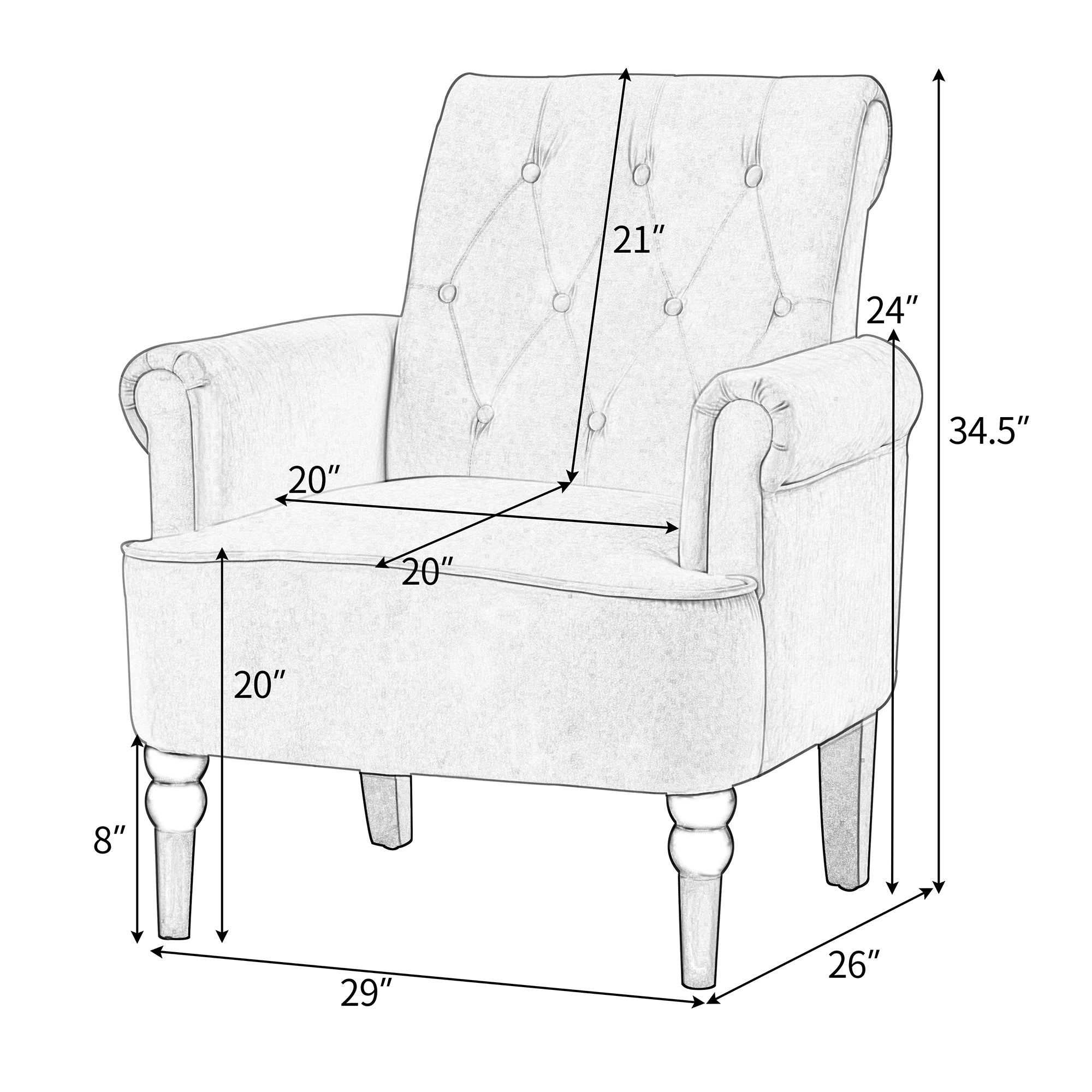 26" Wide Tufted Velvet Club Chair with Wood Legs