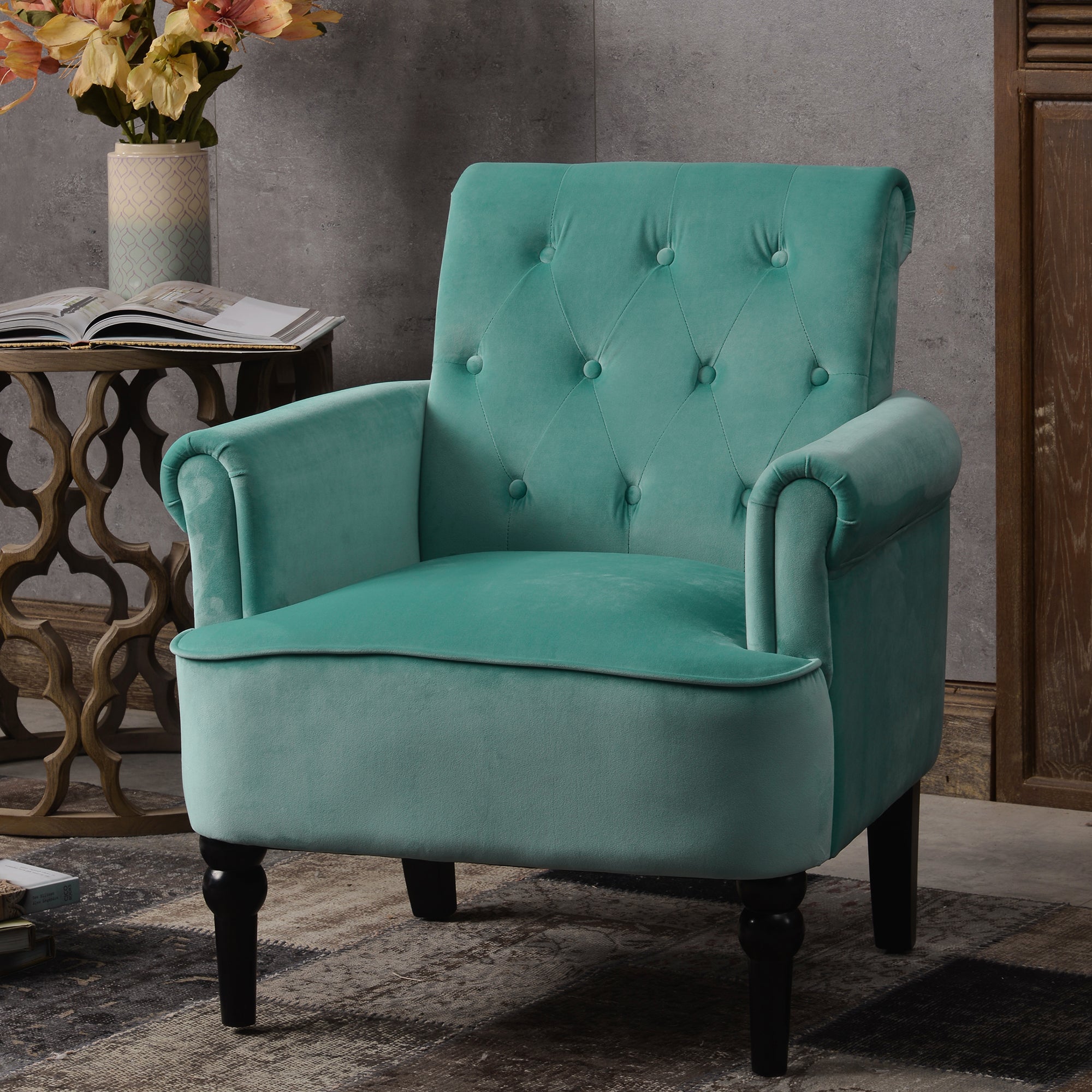 26" Wide Tufted Velvet Club Chair with Wood Legs