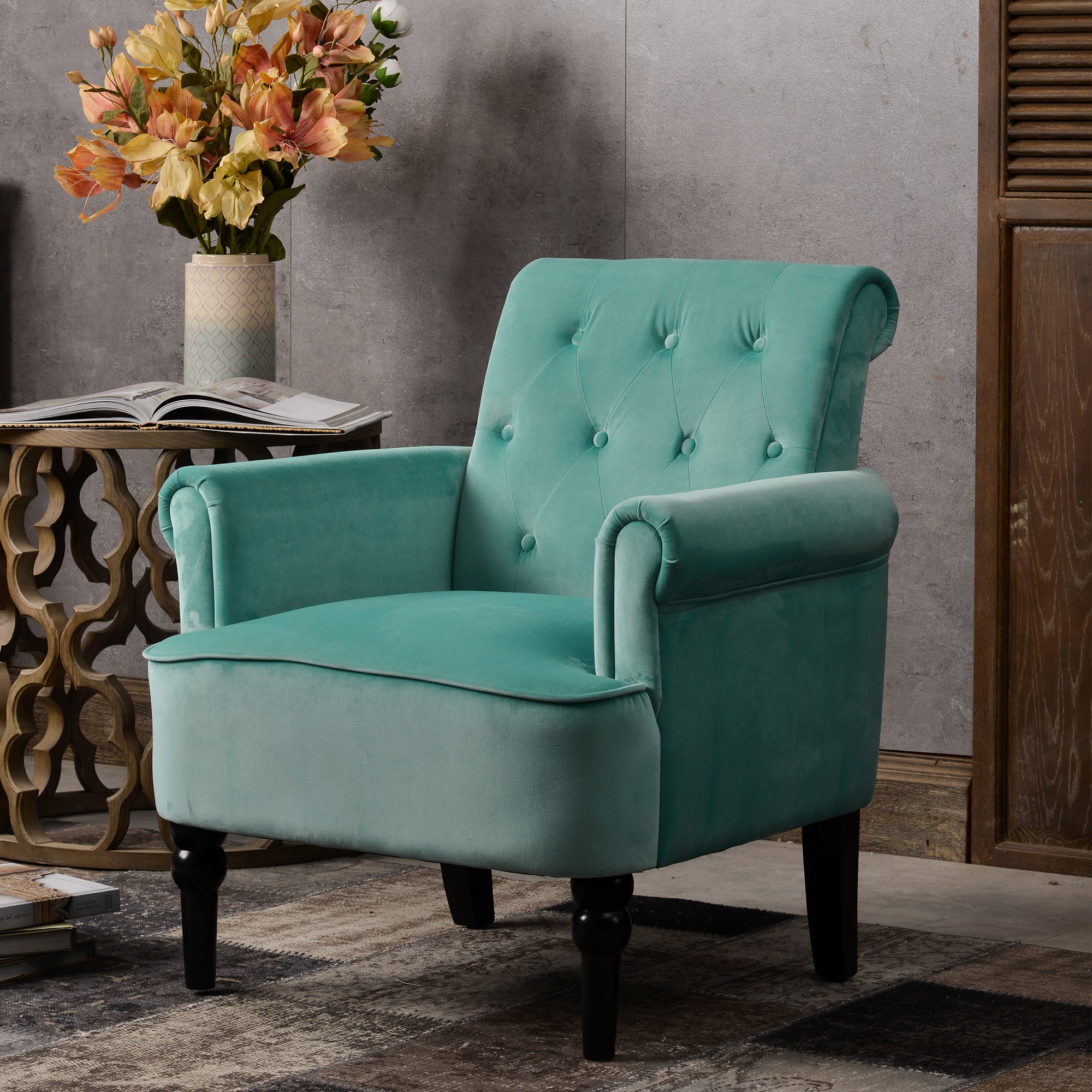 26" Wide Tufted Velvet Club Chair with Wood Legs