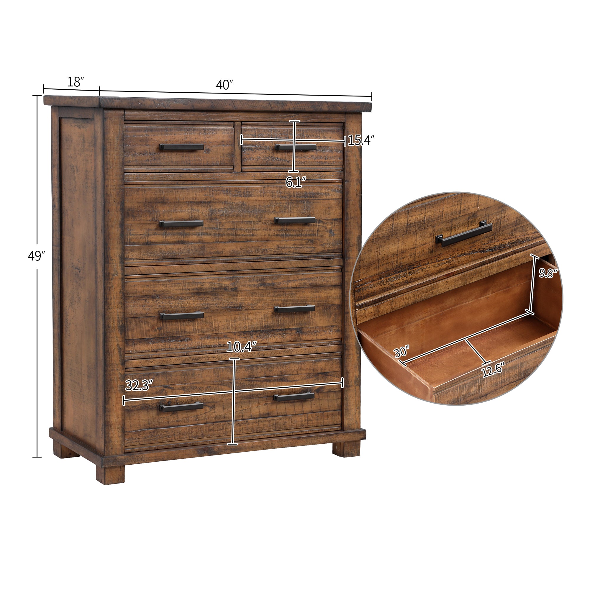 5 Drawers 40" W Solid Wood Chest in Natural