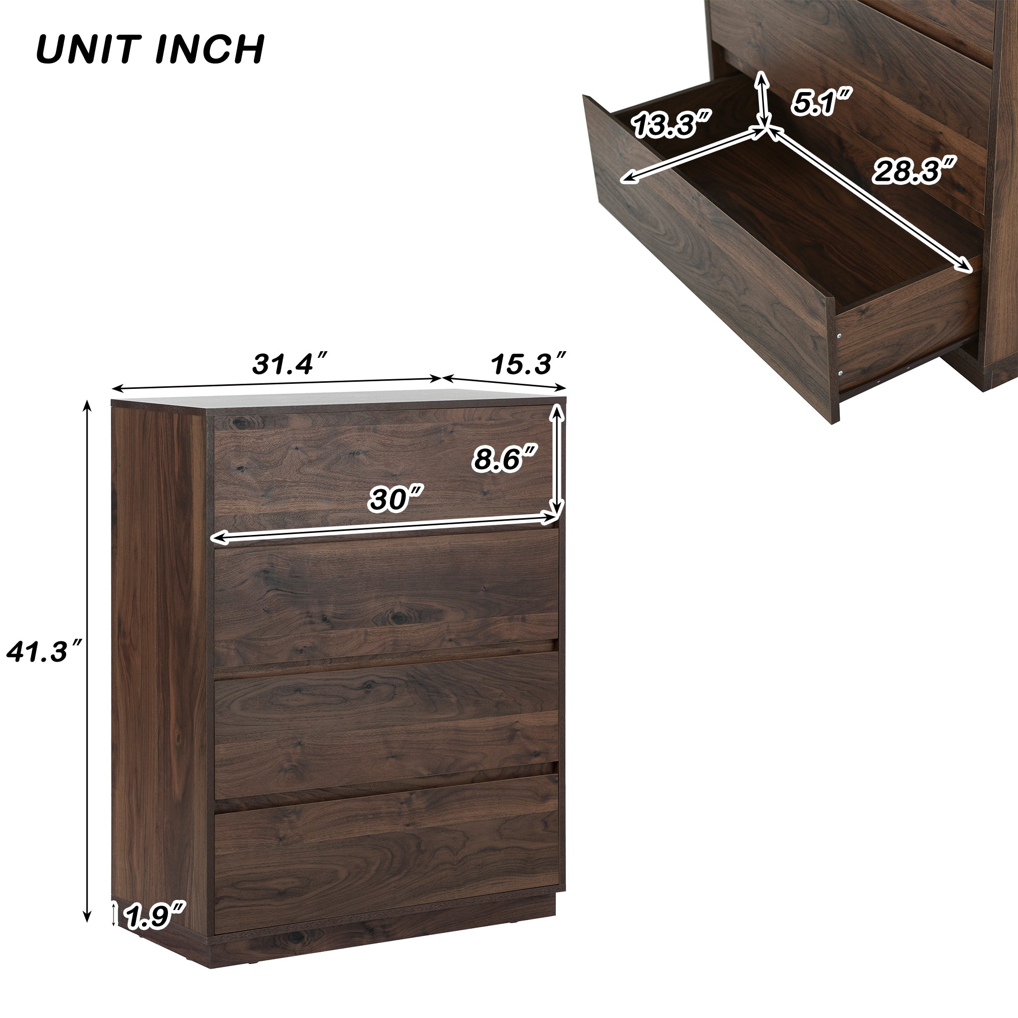 4 Drawers 31" W Wood Chest in Dark Walnut
