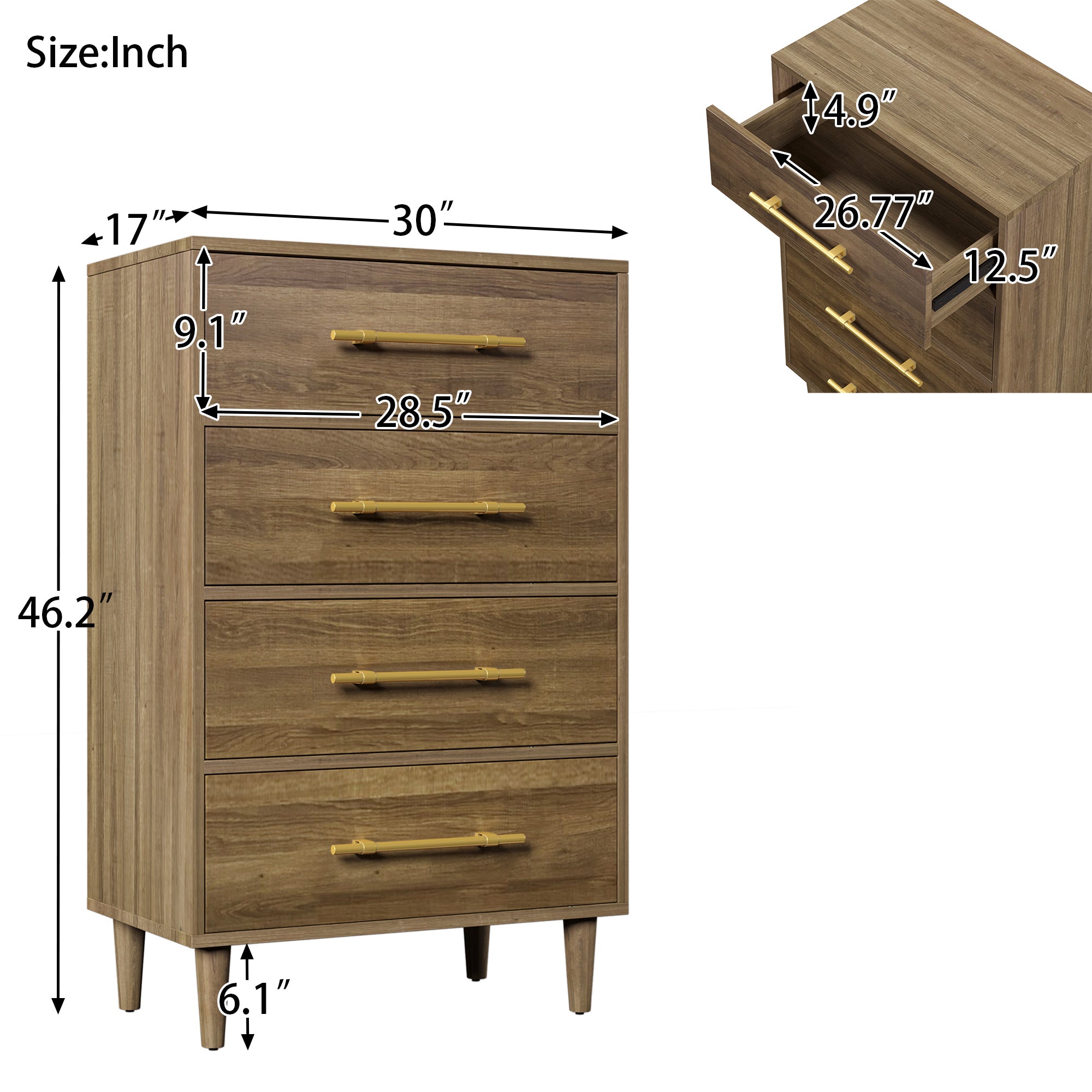 4 Drawers 30" W Wood Chest in Natural Walnut
